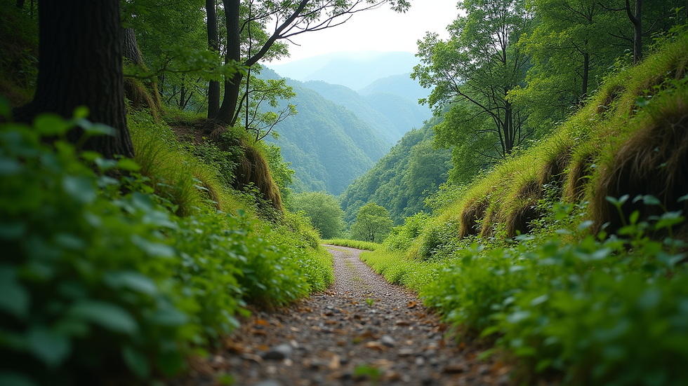 Eye-level view of a winding mountain trail surrounded by lush greenery