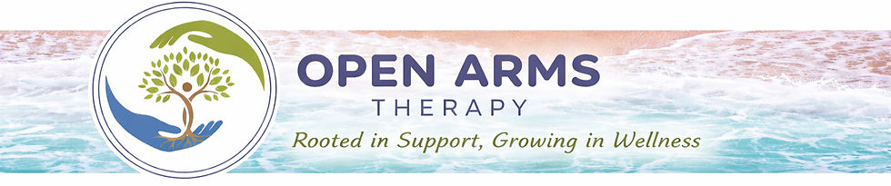 Logo for Open Arms Therapy with a tree inside hands. Text reads "Rooted in Support, Growing in Wellness" over a beach and ocean background.