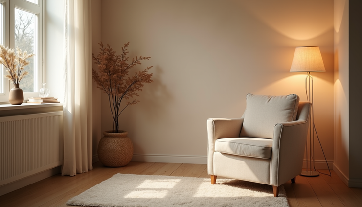 Eye-level view of a cozy therapy room with a comfortable chair and soft lighting