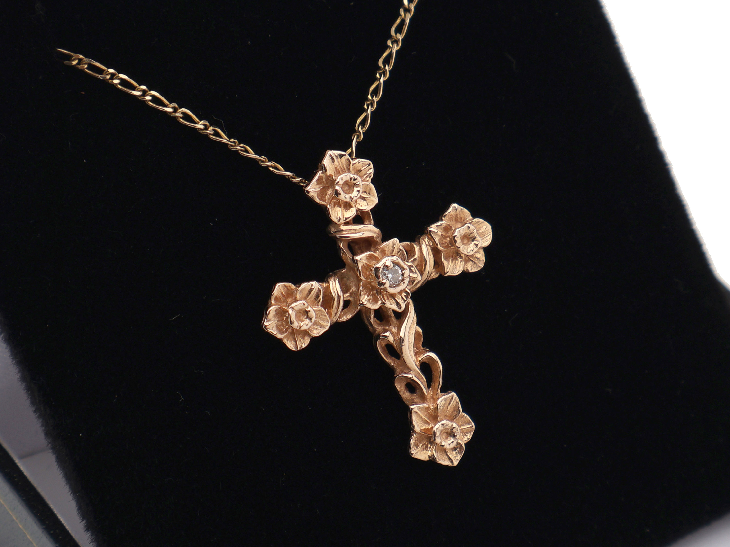 14ct Rose & Yellow Gold Diamond Cross & Chain 0.02ct