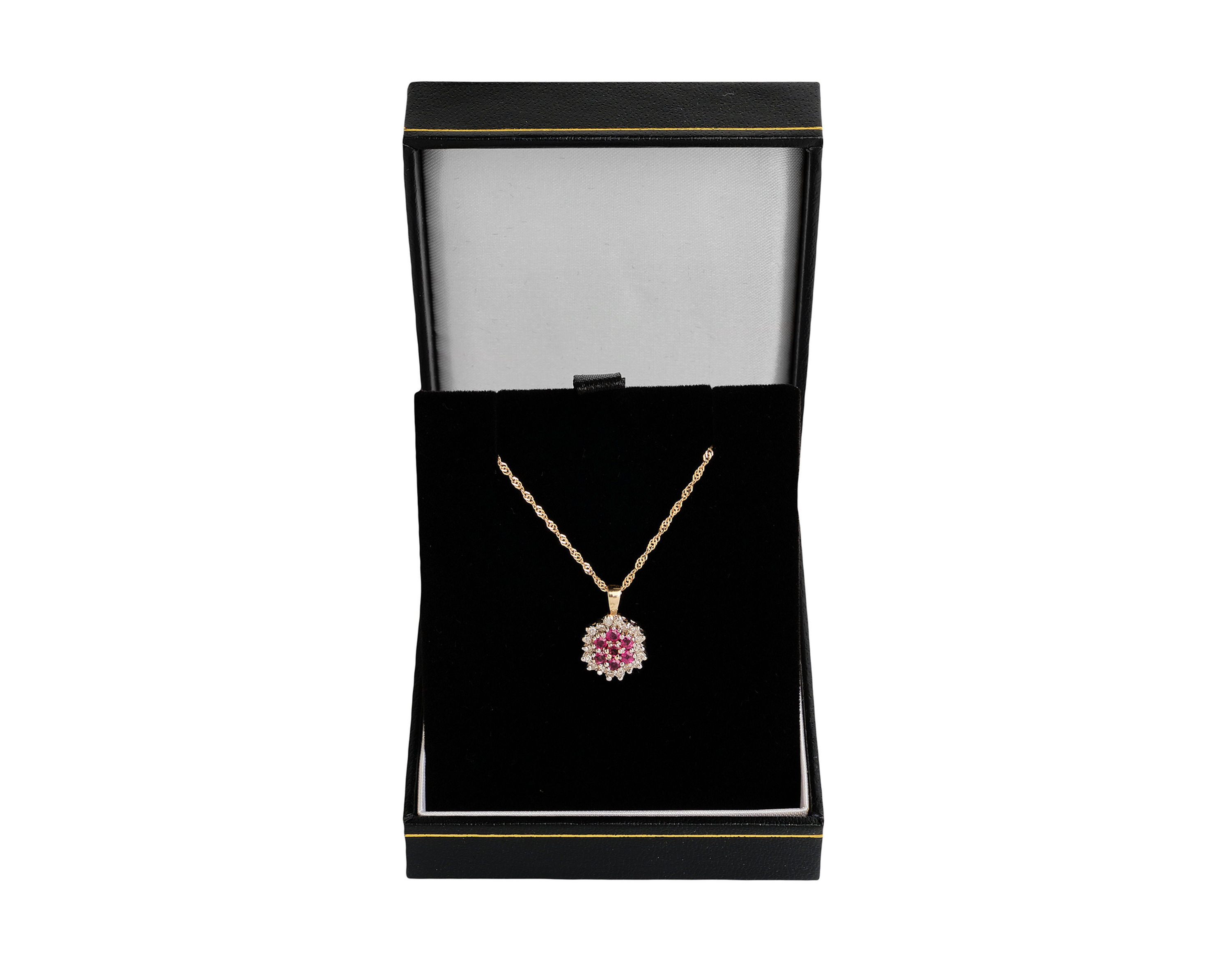 Vintage 9ct Yellow Gold Ruby & Diamond Flower Cluster Pendant & Chain