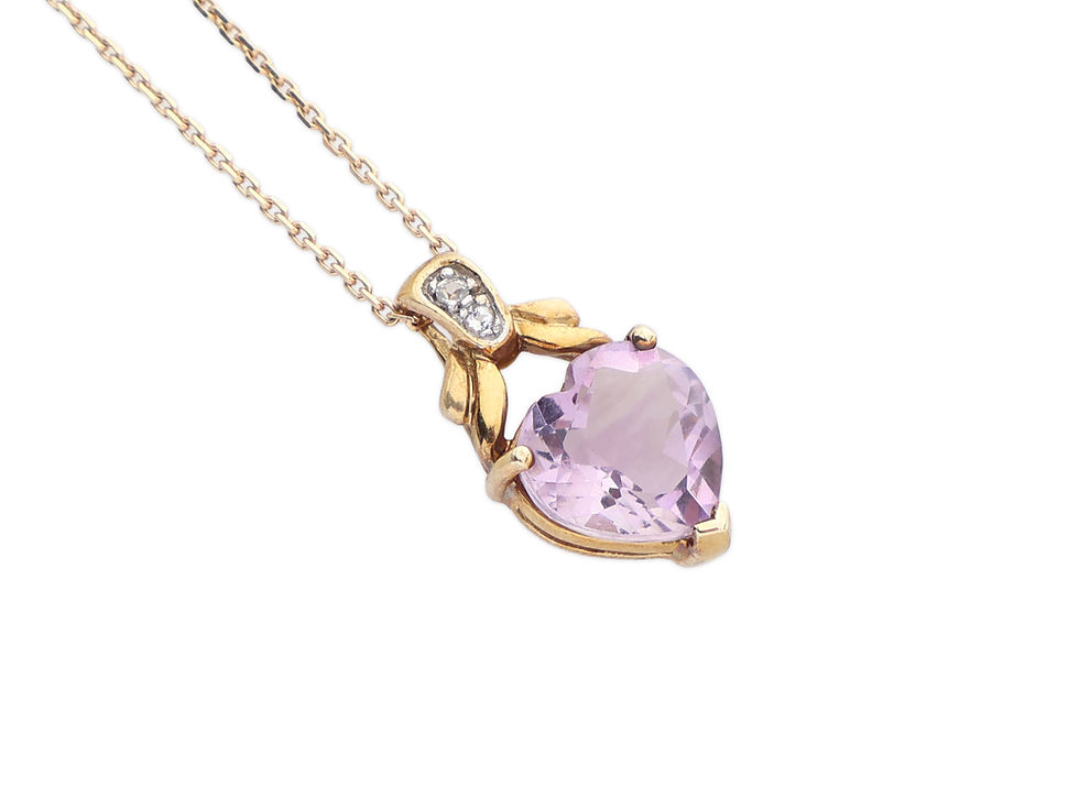 Thumbnail: 9ct Yellow Gold Amethyst & Diamond Heart Shaped Pendant & Chain