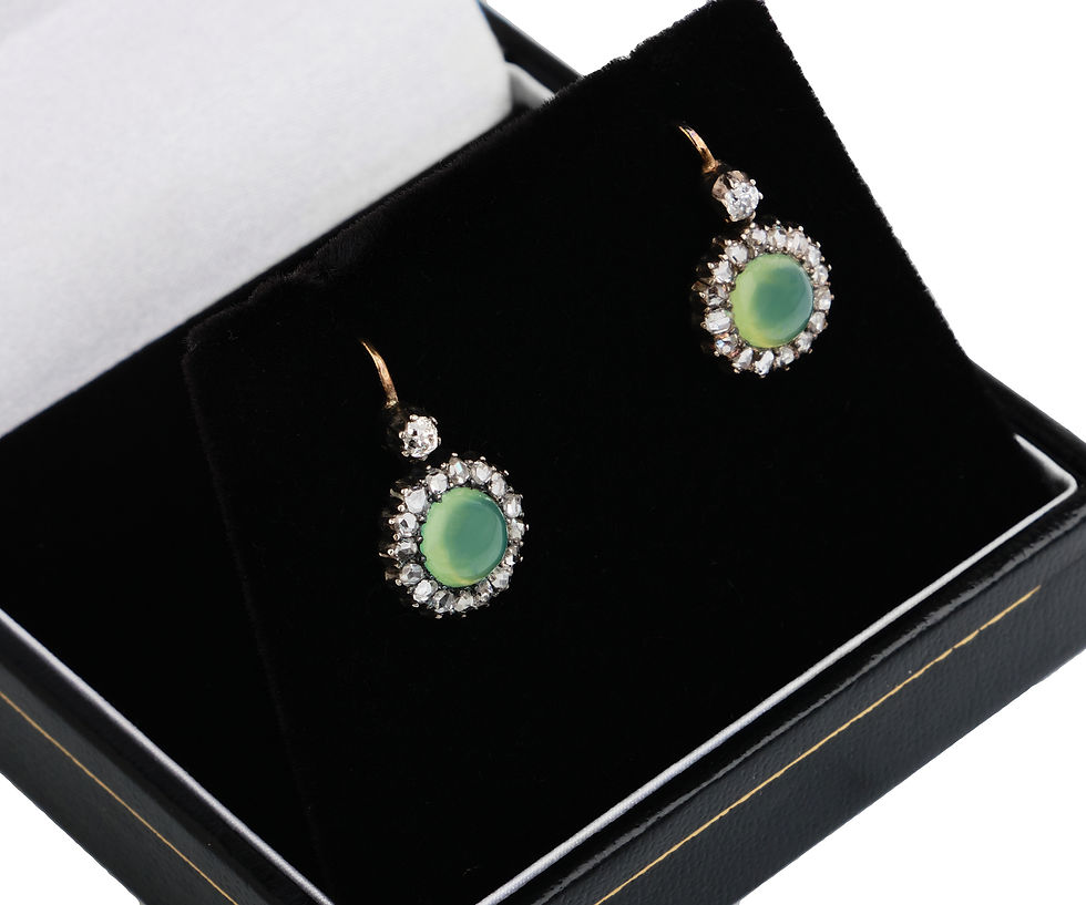 Antique Late Victorian Chrysoprase & Diamond Drop Earrings
