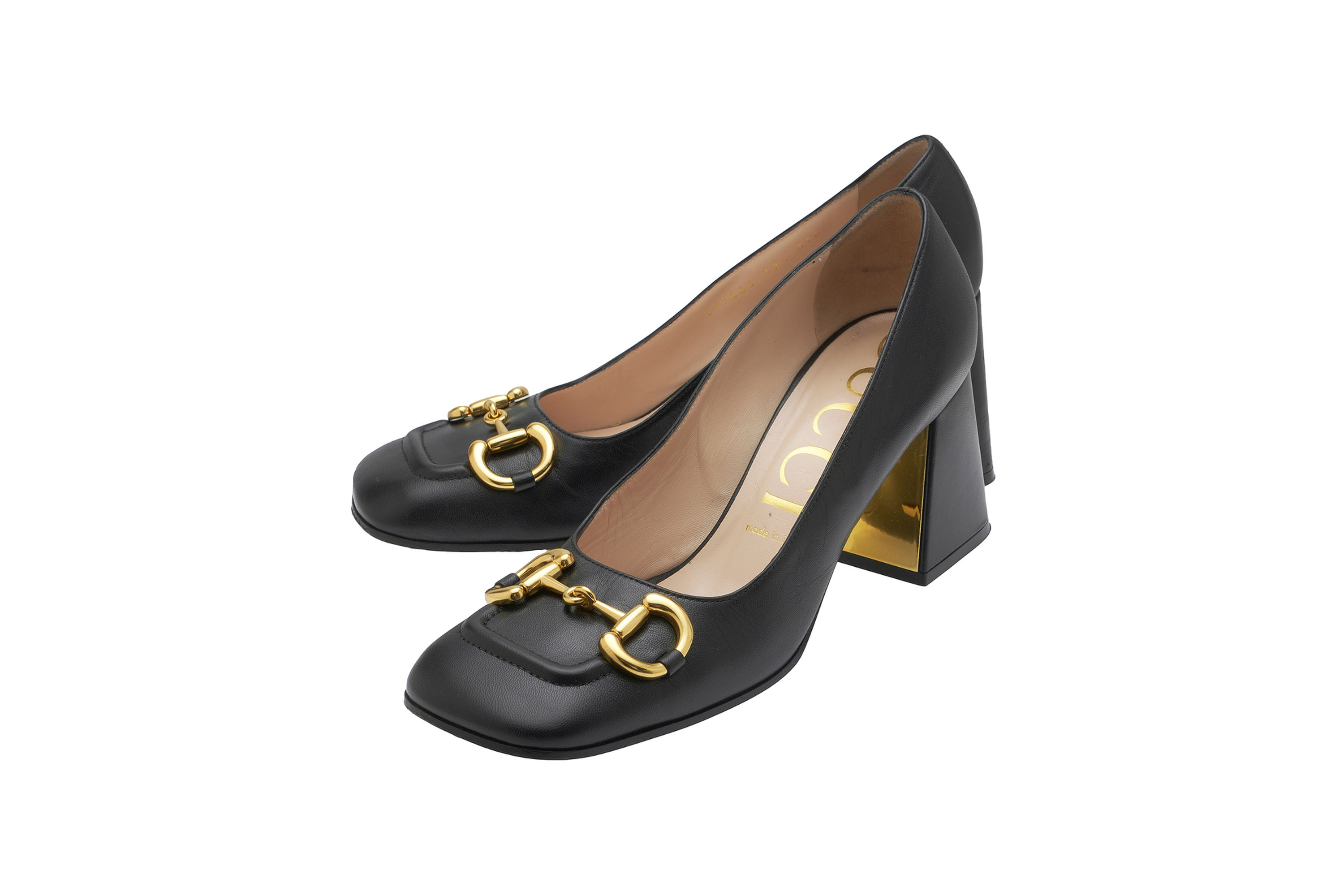 Gucci Black Leather Block heel shoes with Horsebit Detail Size 39.5