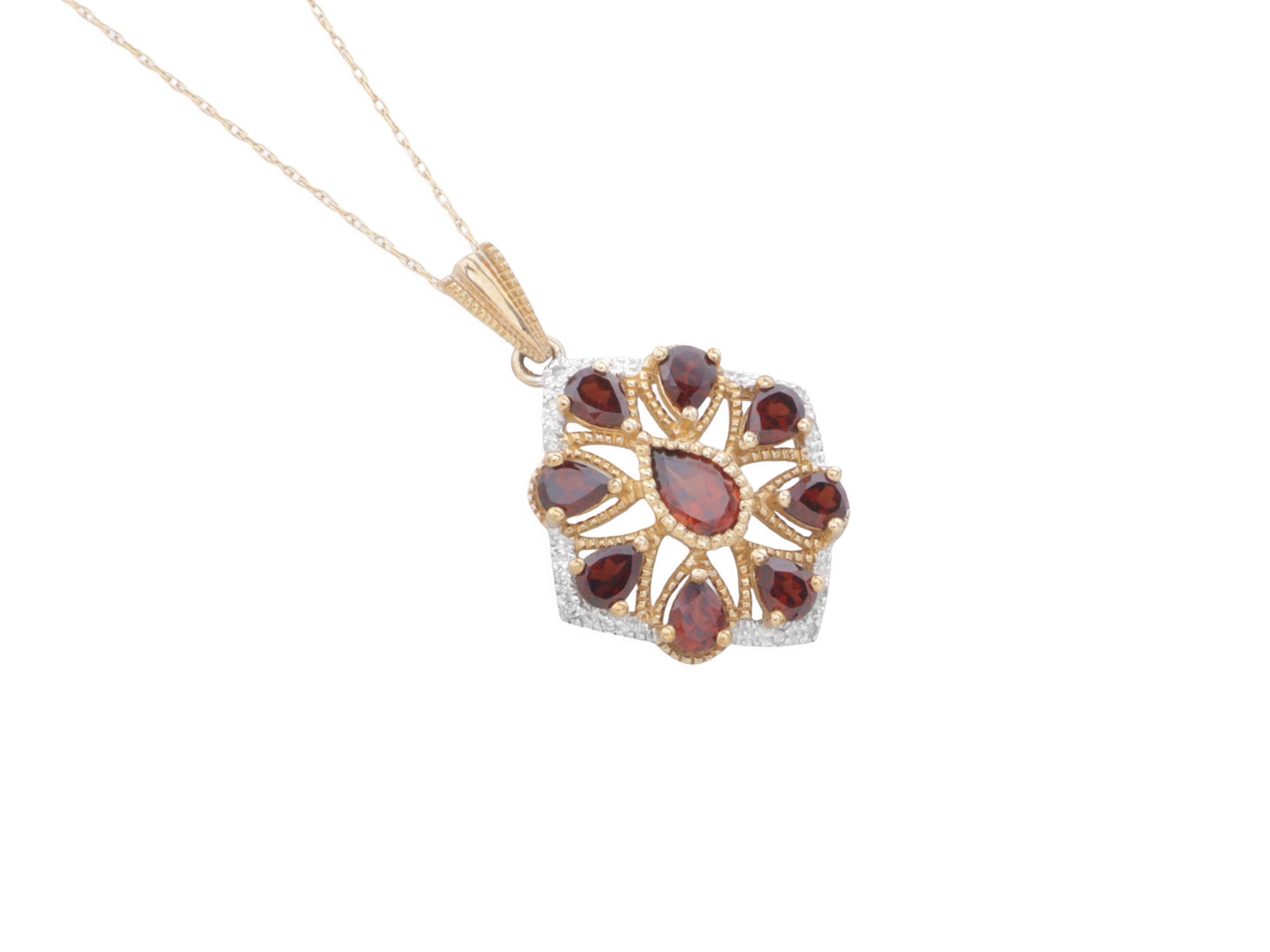 9ct Yellow Gold Garnet & Diamond Pendant & Chain