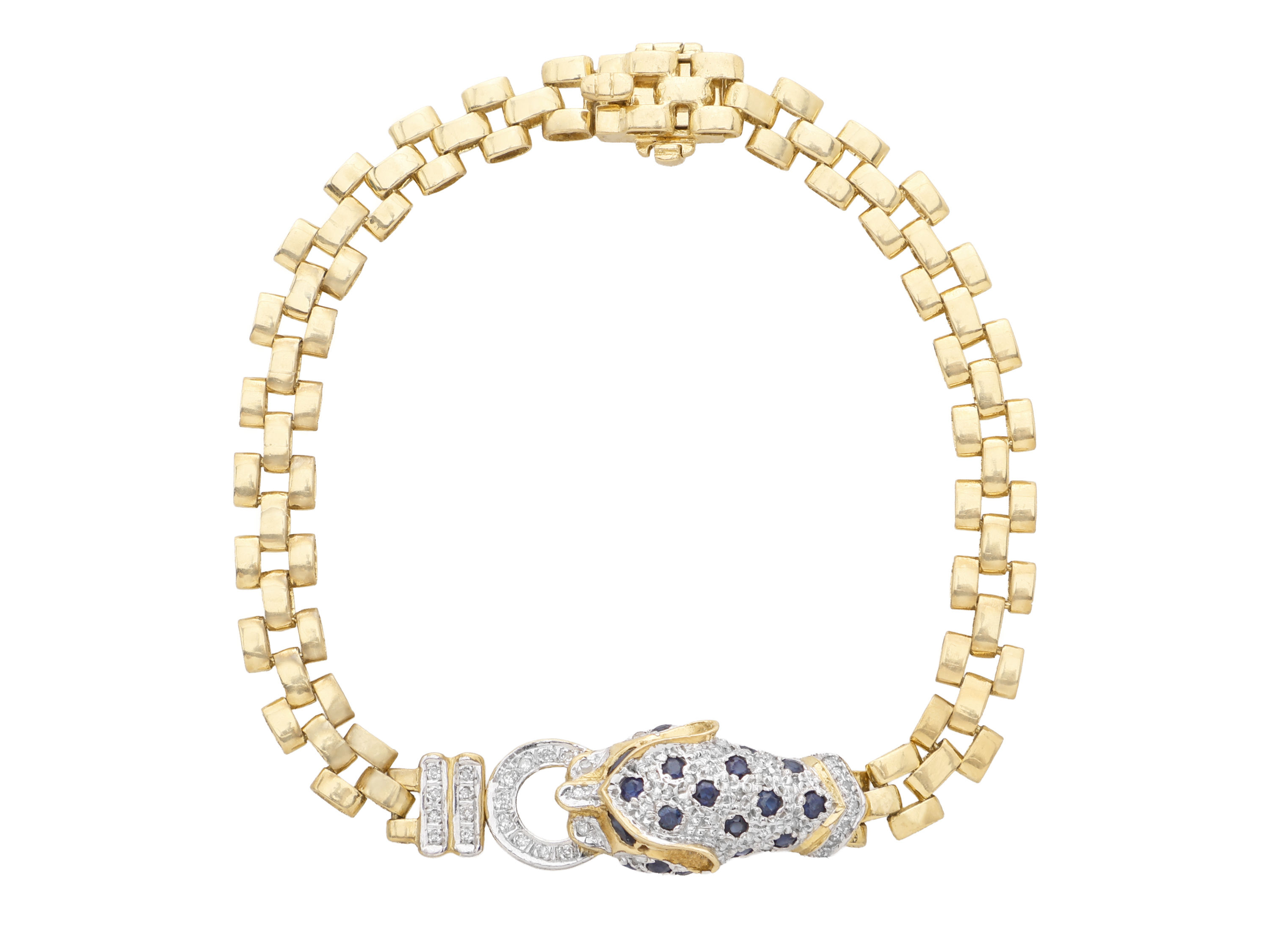 18ct Yellow Gold Leopard Head Bracelet With Diamonds & Sapphires 15.8g