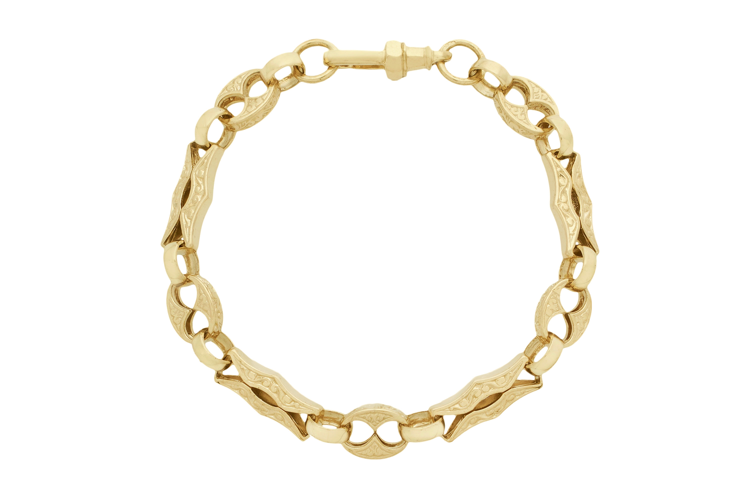 9ct Yellow Gold Patterned Harmonica & Buttonhole Link Bracelet 22.7gms