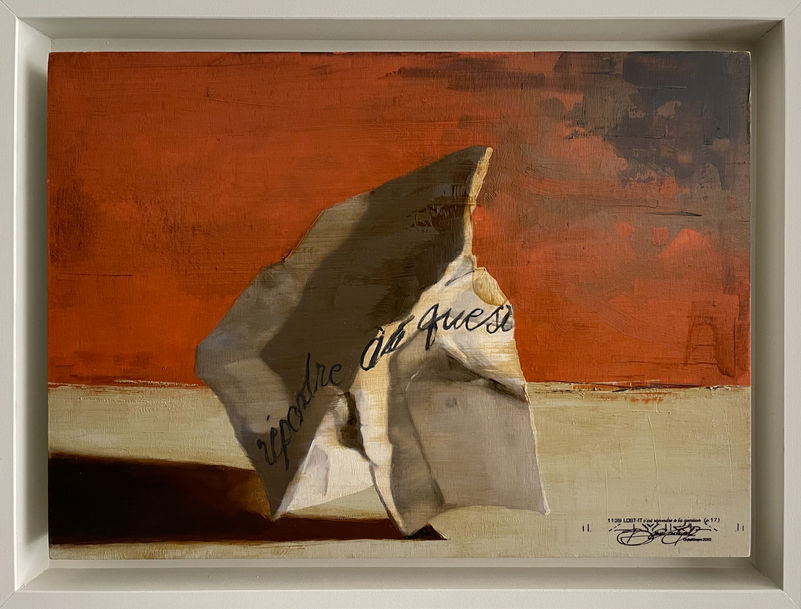 1139 LOst-It — Huile sur bois encadrée, 24x33 cm — Citation Camus : "c'est répondre à la question" (p.17) — Œuvre 12/12.000 — 2022 — Sébastien Layral D'Alessandro — Livré avec Le Mythe de Sisyphe
