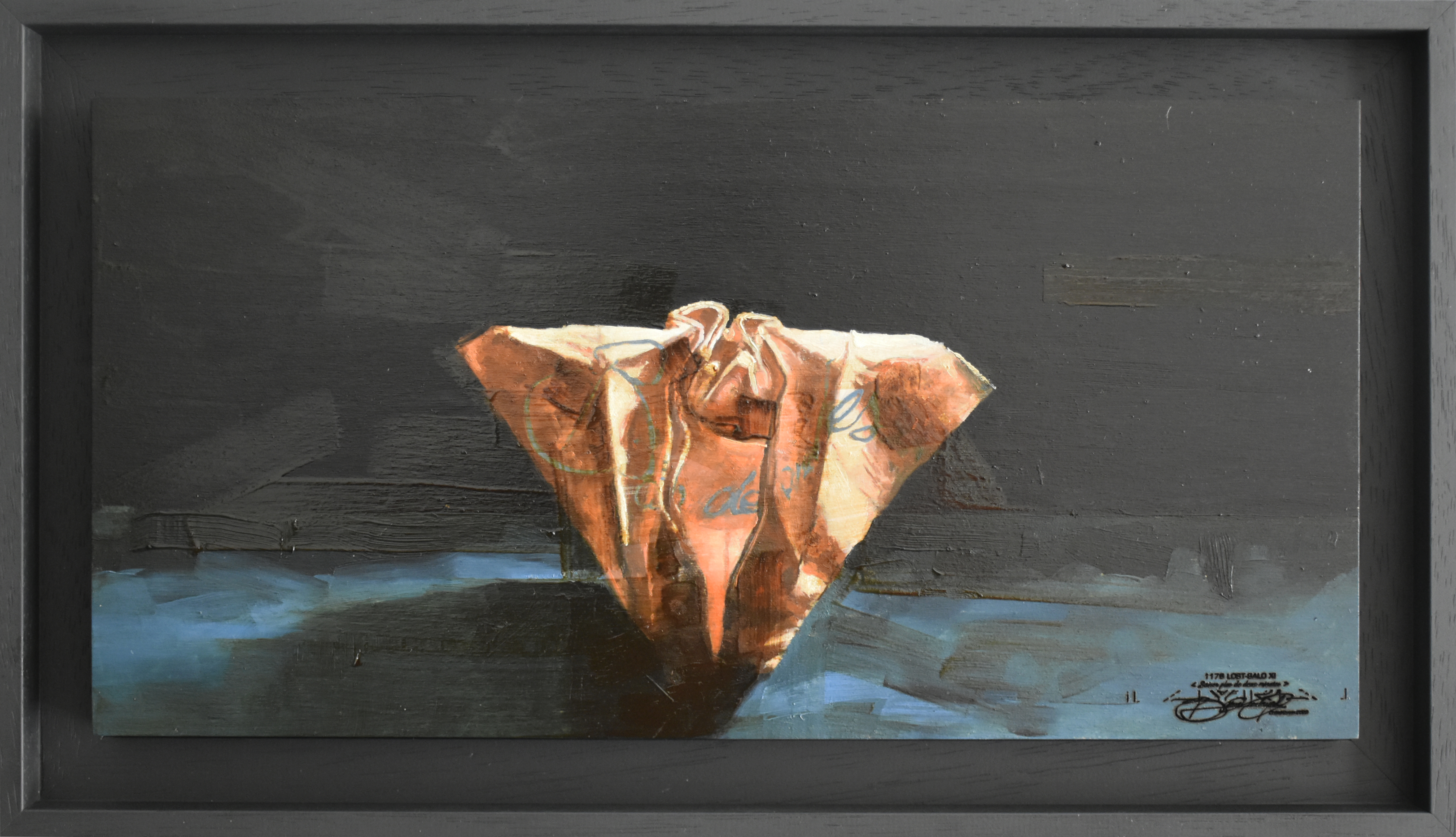 1176 loSt-orIgaSMIQUE _Baiser plus de deux minutes_ 2023, Huile sur bois encadrée, 20x40.j