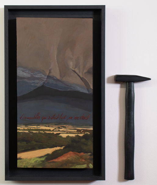 1294 · inTIME 2 · « d’immeubles qui s’était tué, on me disait »?p.19 · Œuvre 91_12000 · 2026 · Huile sur bois encadrée & marteau · 40x20 cm