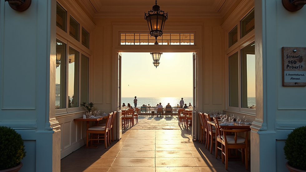 Close-up view of a historic seaside restaurant entrance
