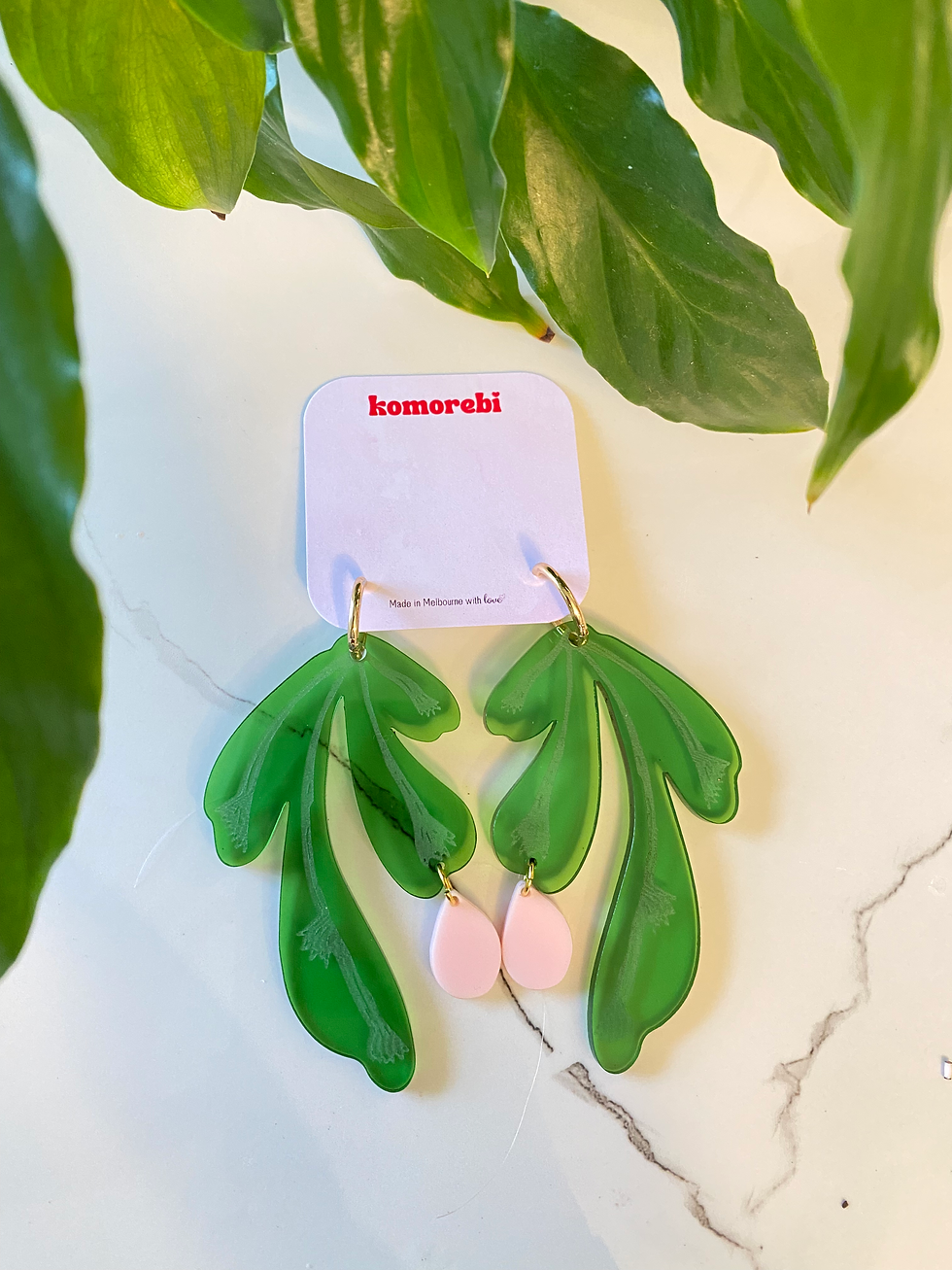 Engraved Translucent Green Leaf Statement Earrings with Pink Tear Drop