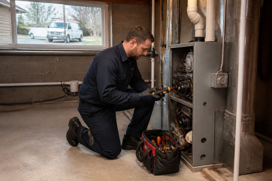 HVAC technician using diagnostic tools for emergency furnace repair in a suburban basement