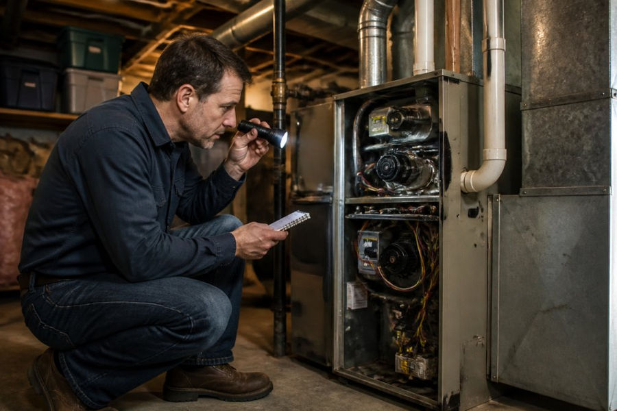 Homeowner inspecting a furnace in a basement to check for signs your furnace needs professional repair