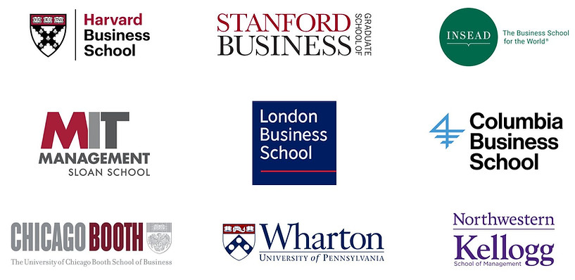 Business school logos MIT, Harvard, Stanford, Columbia, Wharton, Kellogg, Booth, LBS, M7, Insead