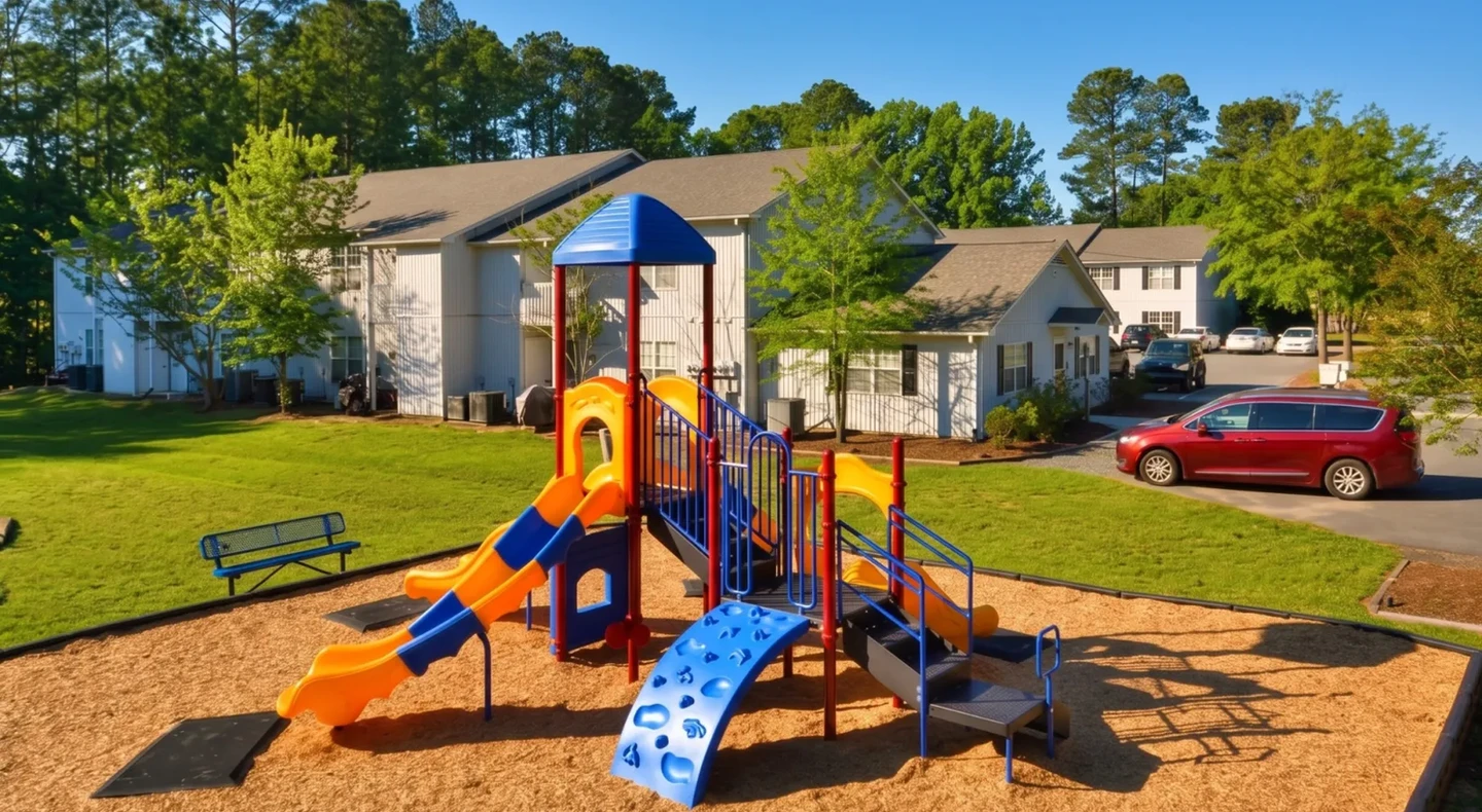 Edgewood Apartments playground with colorful slides, climbing features, bench seating, green lawn, and apartment buildings