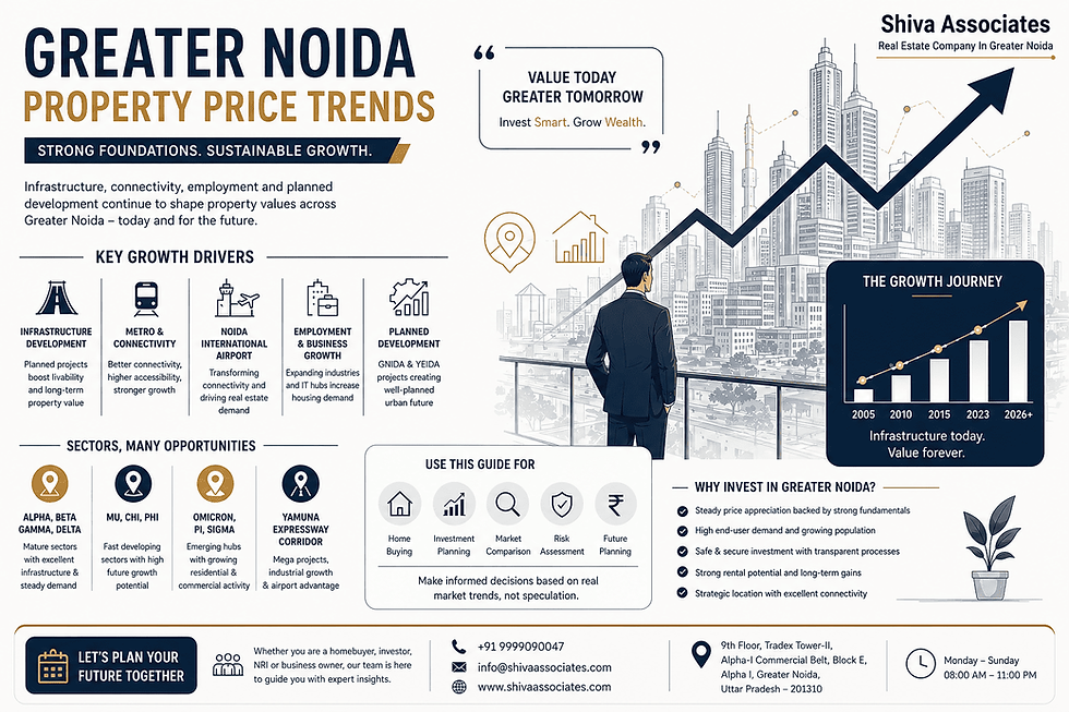Greater Noida Property Price Trends infographic showing an upward real estate growth graph, key market drivers, infrastructure development, investment opportunities, and expert insights by Shiva Associates, Real Estate Company in Greater Noida.