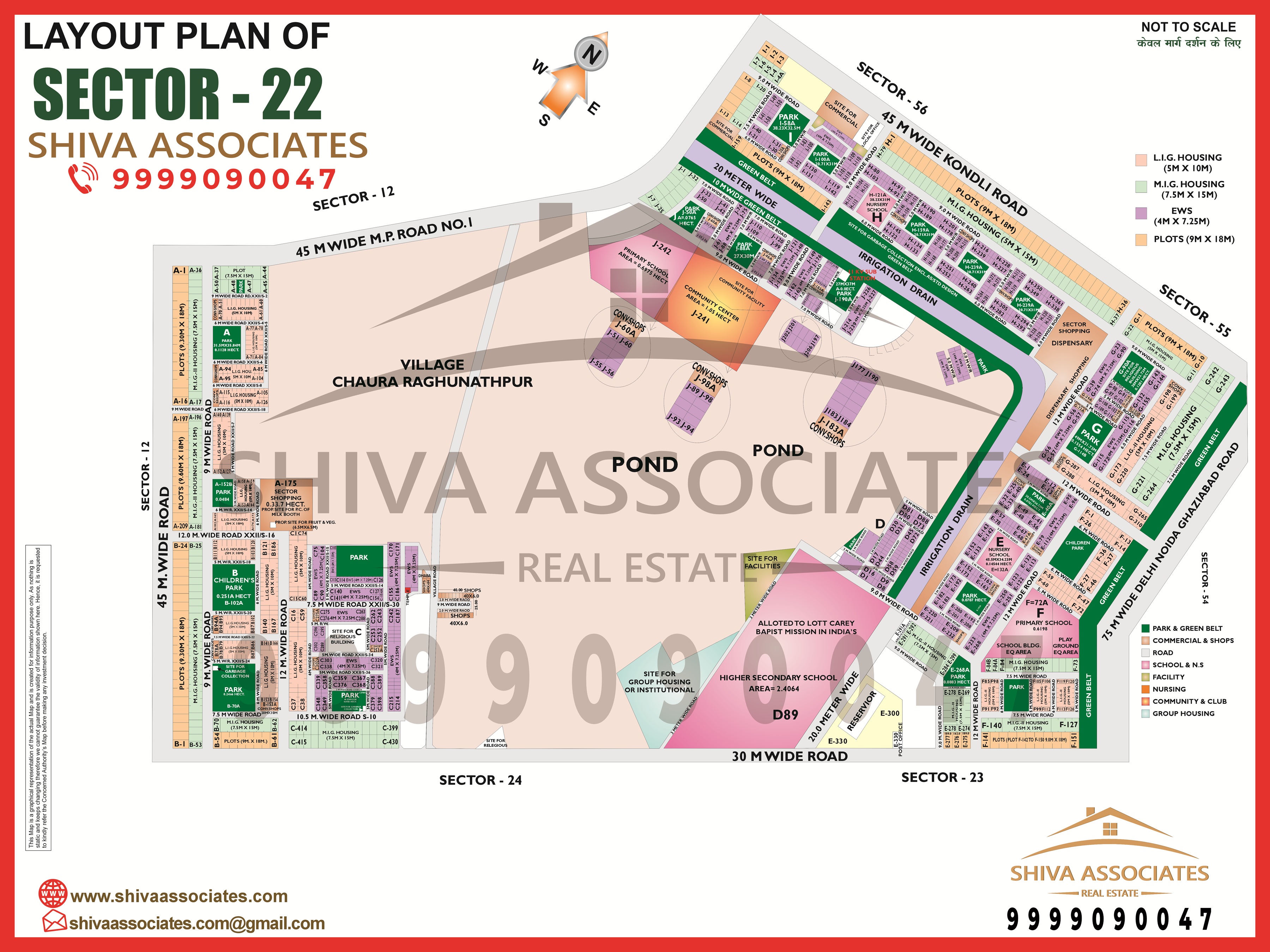 Layout map of Sector 22, Noida, clearly showing its roads, residential areas, and Noida Stadium, provided by Shiva Associates.