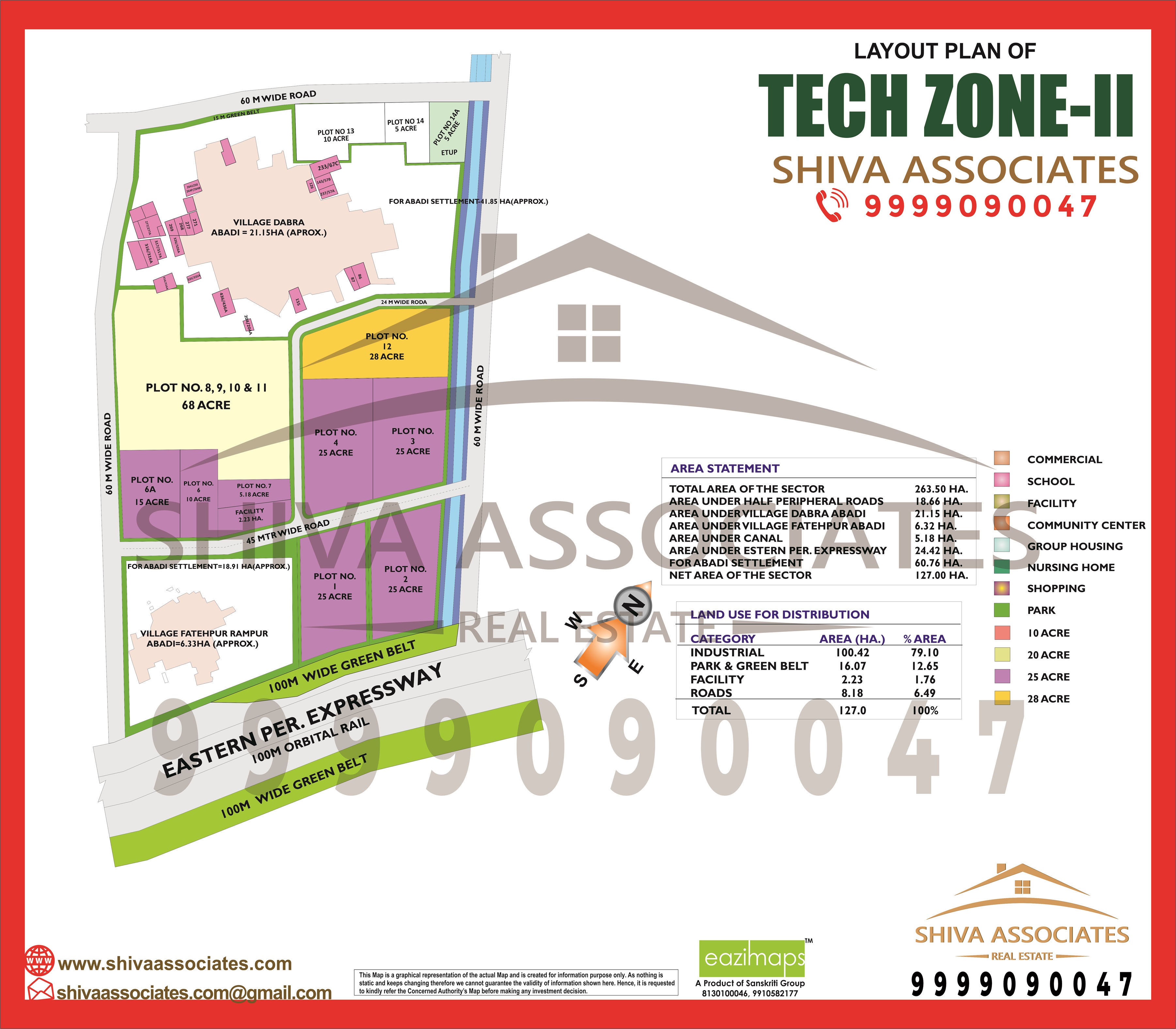 Layout map of Tech Zone-II, Greater Noida, showcasing industrial plots, road infrastructure, and nearby amenities by Shiva Associates.
