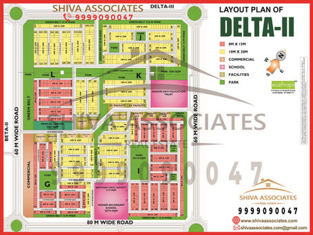 Layout map of Delta 2, Greater Noida, detailing its sectoral divisions and road network, presented by Shiva Associates.
