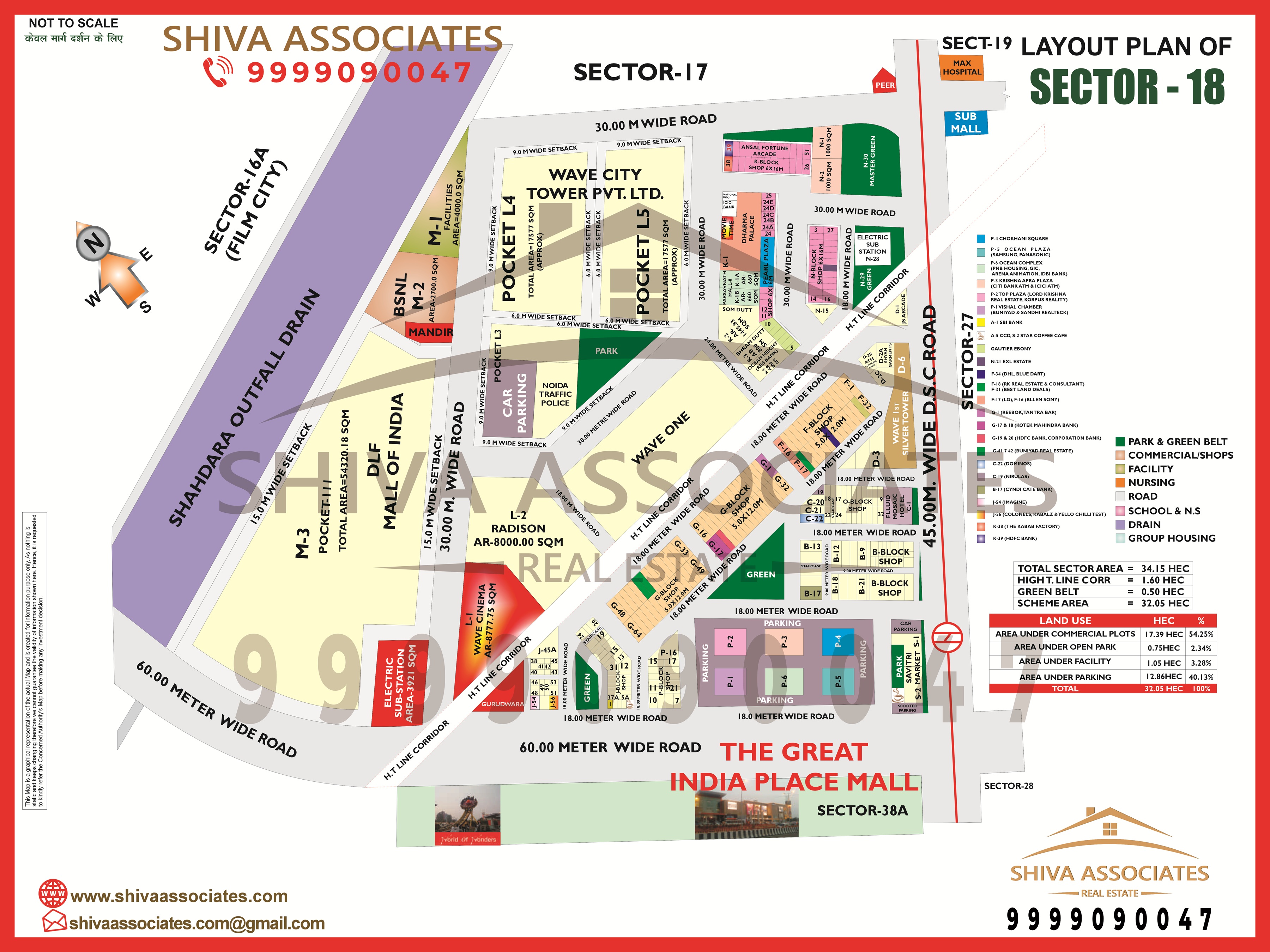 Layout map of Sector 18, Noida, clearly showing its commercial areas, roads, and the Sector 18 Metro Station, provided by Shiva Associates.