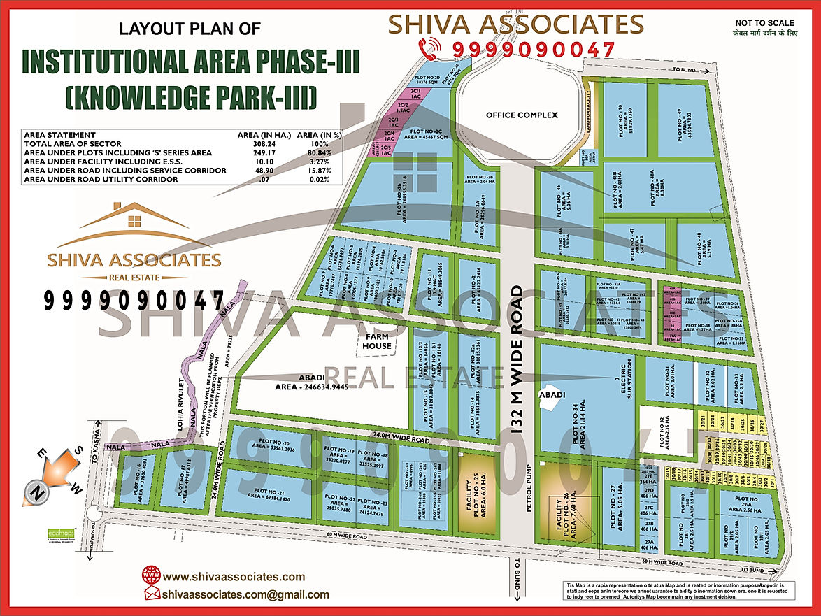 Knowledge Park III layout by Shiva Associates, showcasing key developments and connectivity to Yamuna Expressway and Jewar Airport.