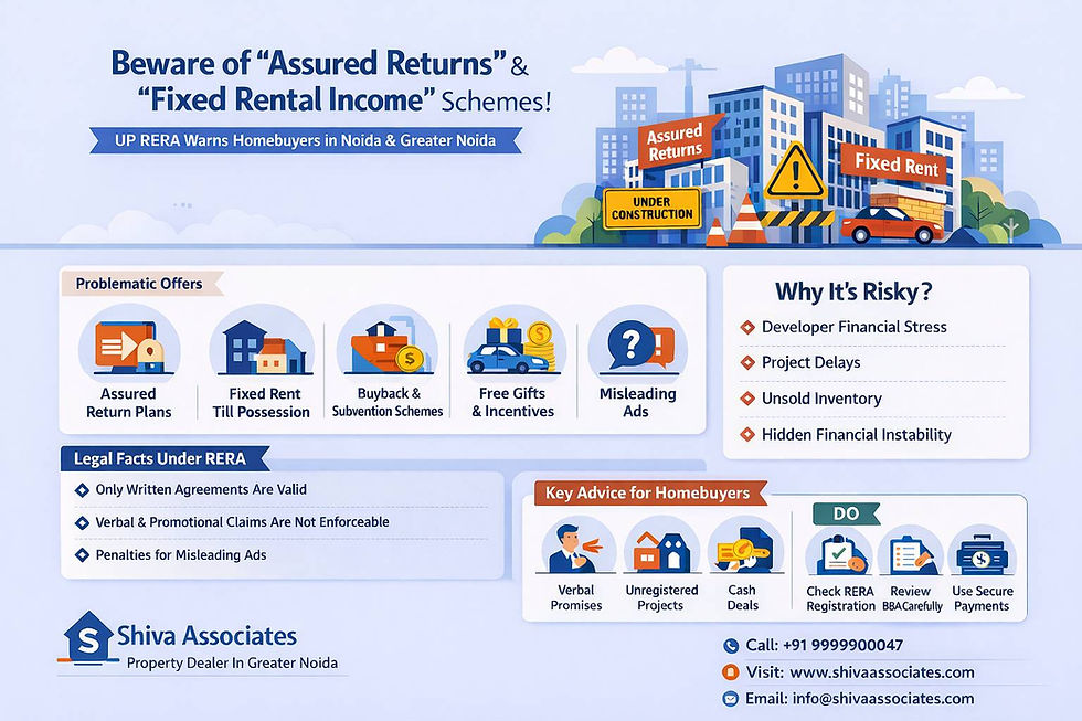 Infographic showing UP RERA warning against assured return schemes and fixed rental income offers in Greater Noida and Noida, highlighting risks like project delays, unsold inventory, developer financial stress, and homebuyer safety tips by Shiva Associates.