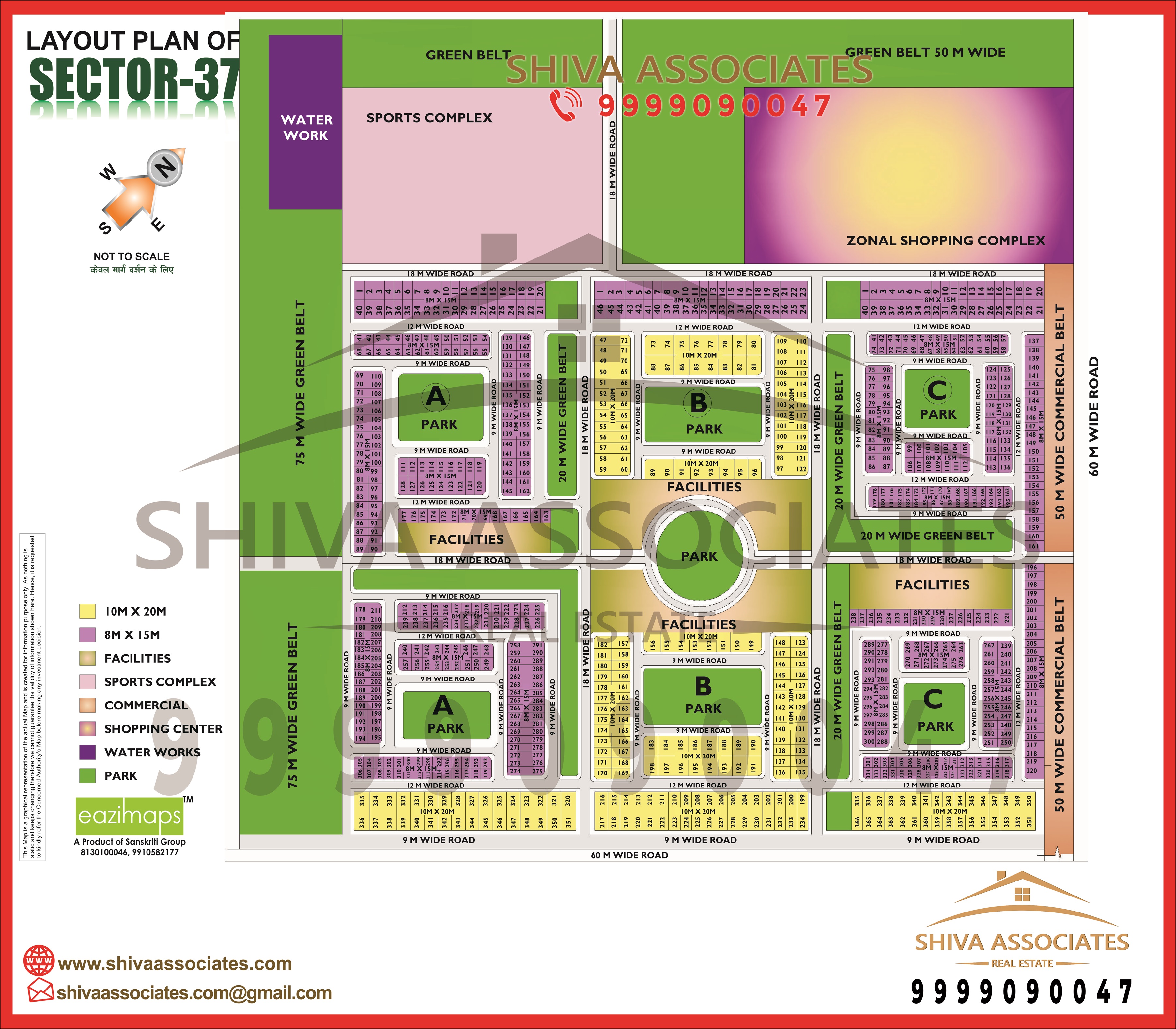 High resolution map of Sector 37, Greater Noida showing nearby services such as schools, hospitals, shopping malls. and public parks Provided through Shiva Associates.