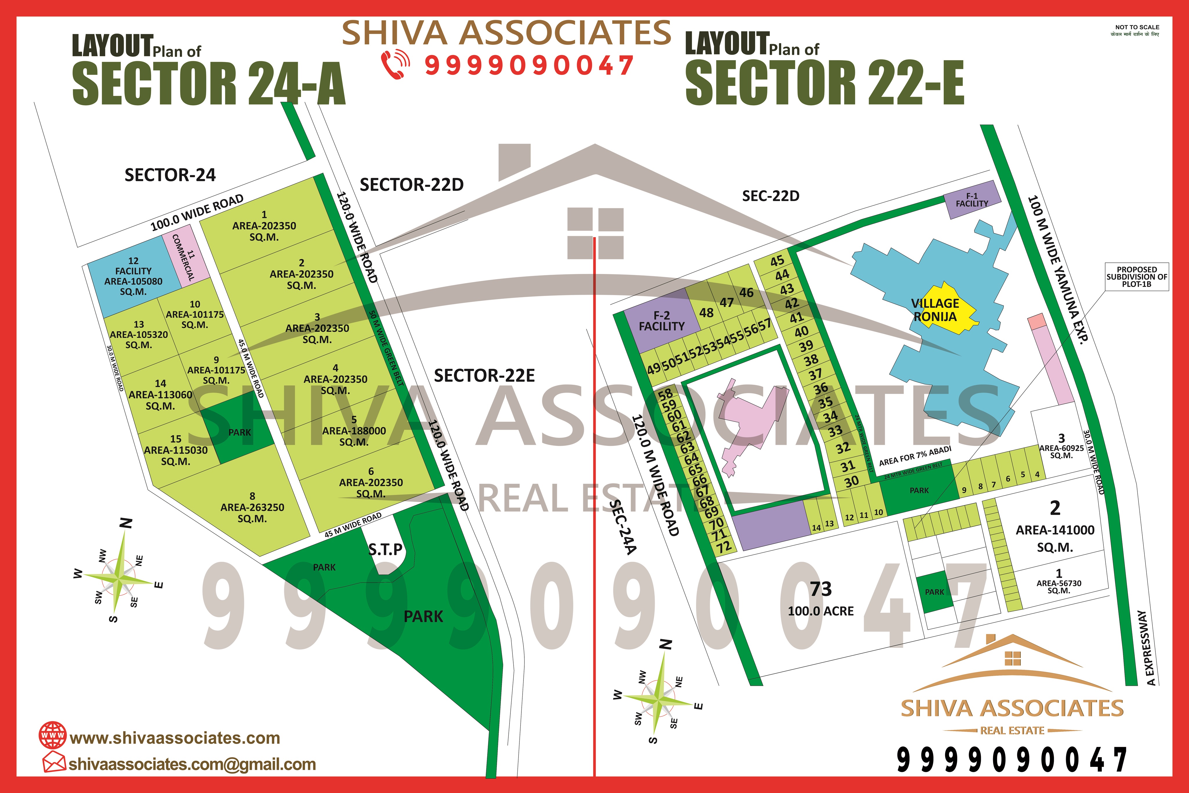 Layout map of Sector 24A and Sector 22E Yamuna Expressway by Shiva Associates showing authority plots, internal roads, green zones, and planned development