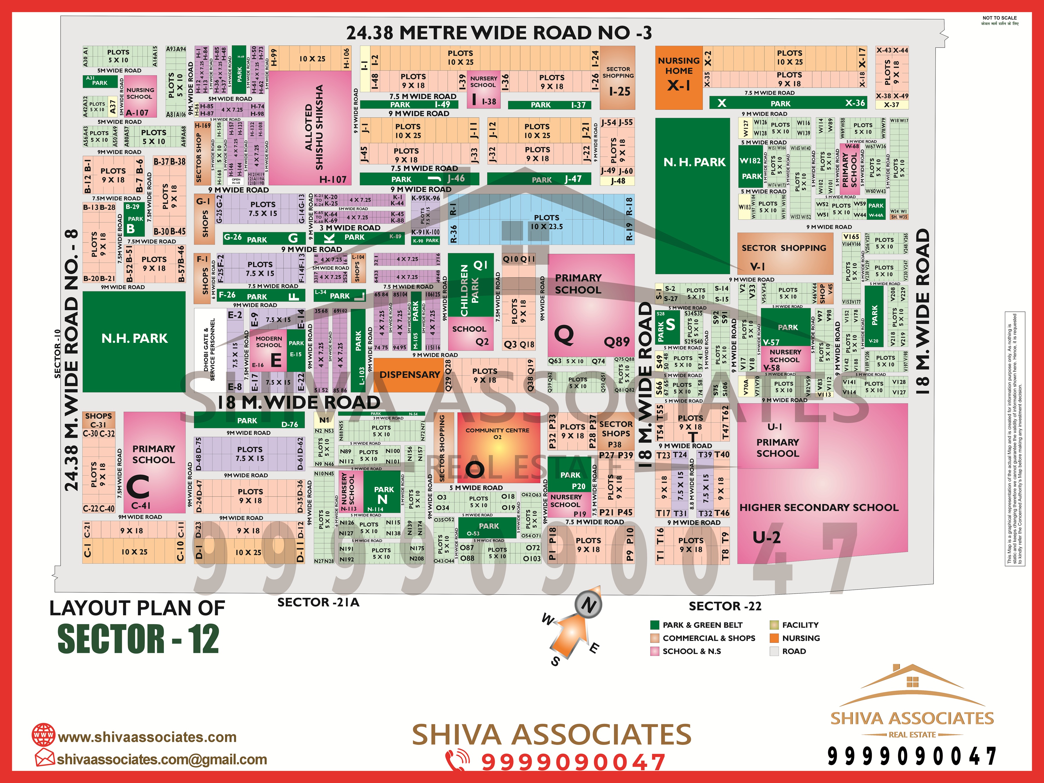 Layout map of Sector 12, Noida, showing its roads, blocks, and key features, provided by Shiva Associates.