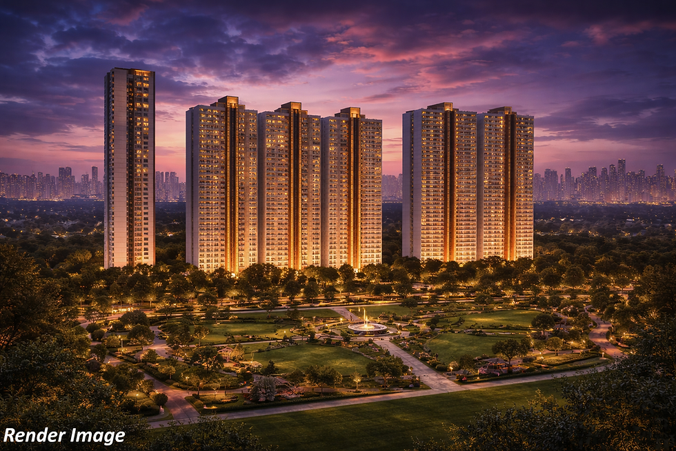 Modern high-rise residential towers at sunset with warm lighting and a landscaped garden in the foreground, showcasing a premium urban housing development.