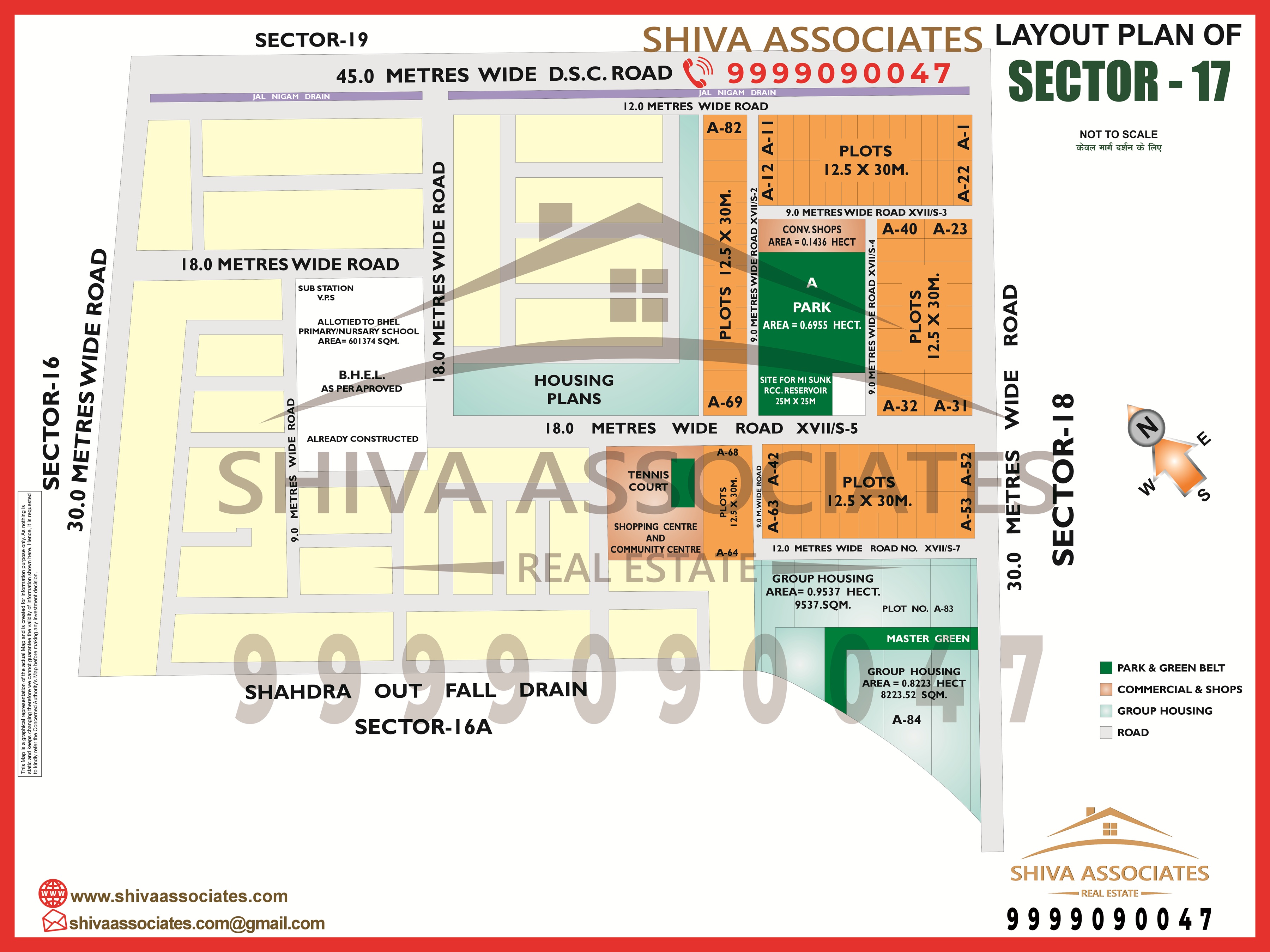 Layout map of Sector 17, Noida, detailing roads, key areas, and metro proximity, provided by Shiva Associates.