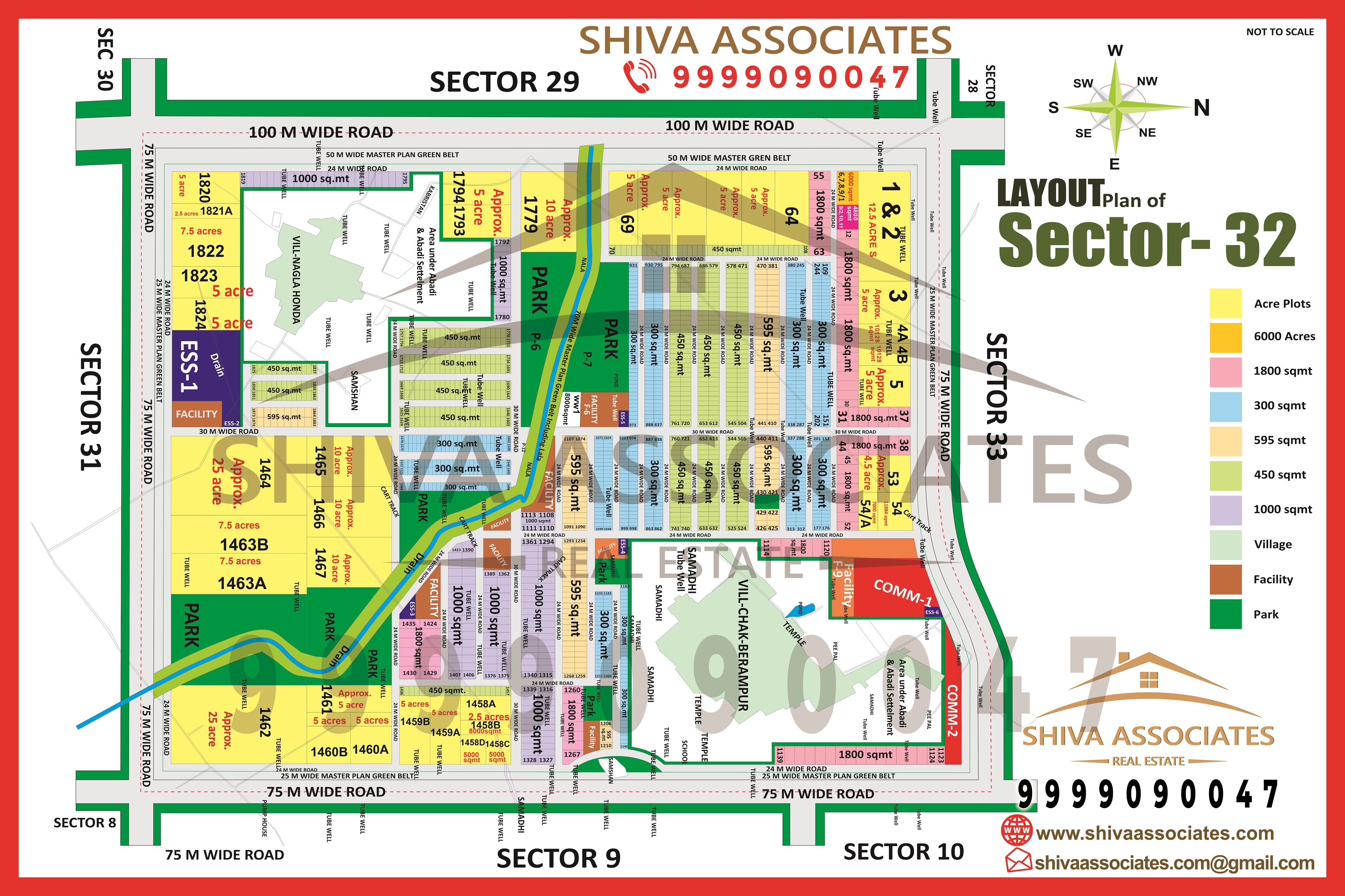 Layout map of Sector 32 Yamuna Expressway by Shiva Associates showing industrial plots, road network, zoning, and planned infrastructure