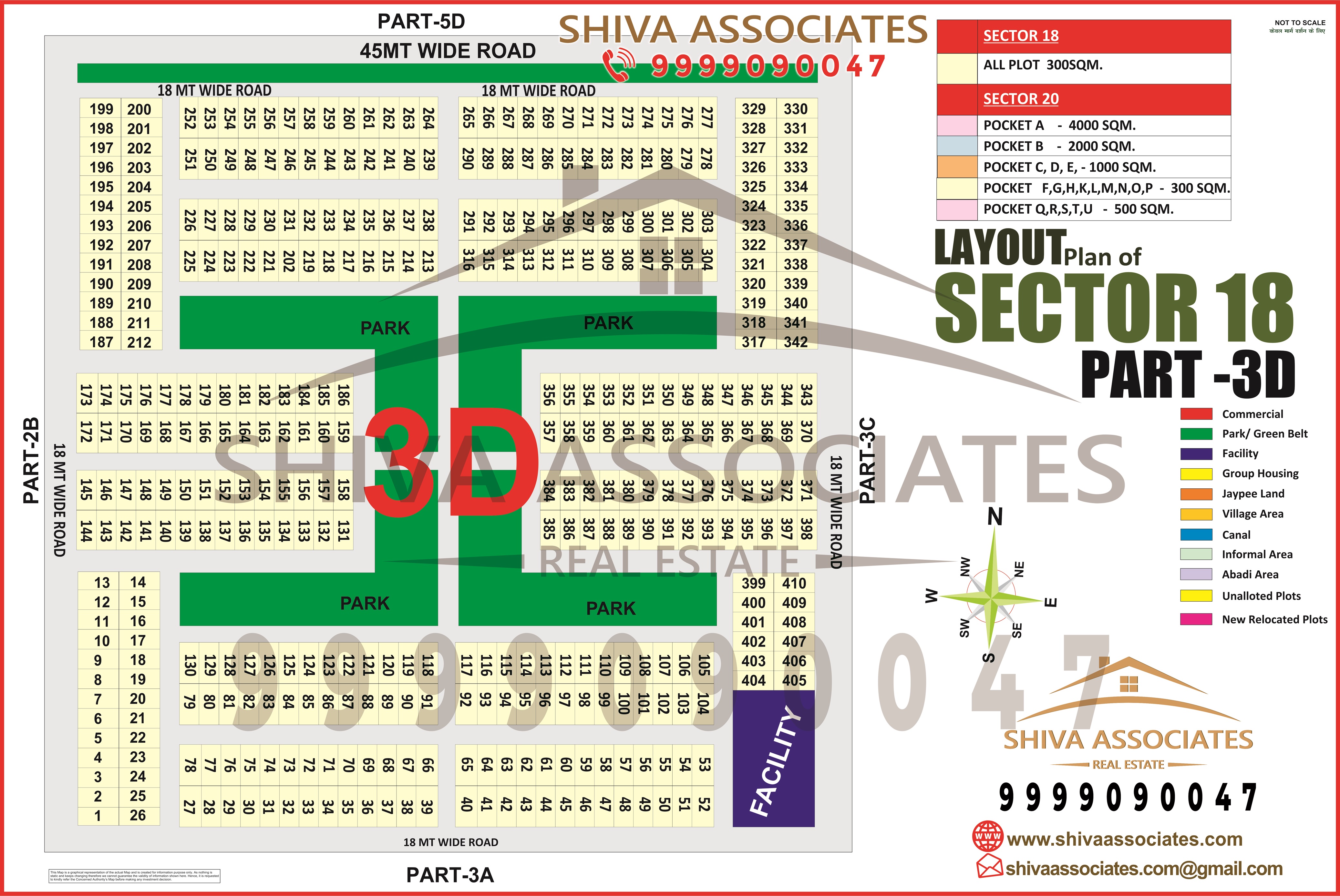 High-definition layout map of Sector-18 Part-3D, Yamuna Expressway, Greater Noida, showing available plots, road networks, and development plans. Presented by Shiva Associates. Pincode: 203201.
