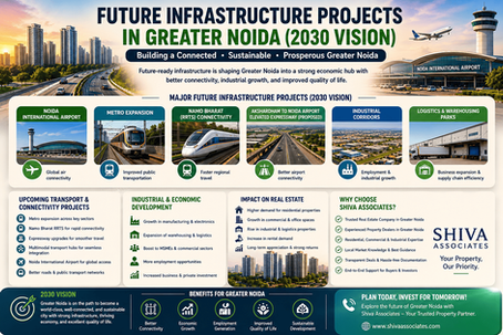Infographic showing Future Infrastructure Projects in Greater Noida (2030 Vision), including Noida International Airport, metro expansion, Namo Bharat RRTS, proposed elevated expressway, industrial corridors and logistics parks.