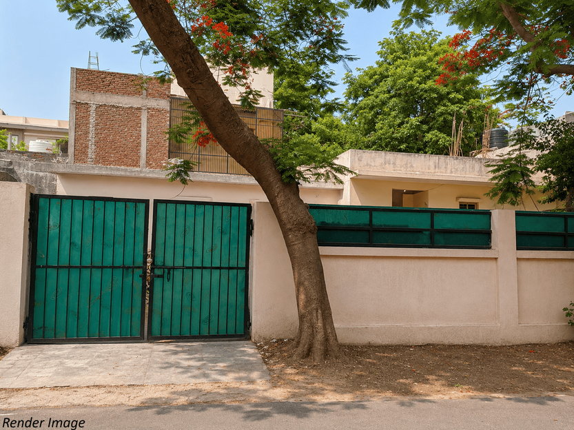 300 Sq Mtr residential land plot in Eta 1 Greater Noida featuring boundary wall, gated entrance, mature trees, and ample space for independent house construction.