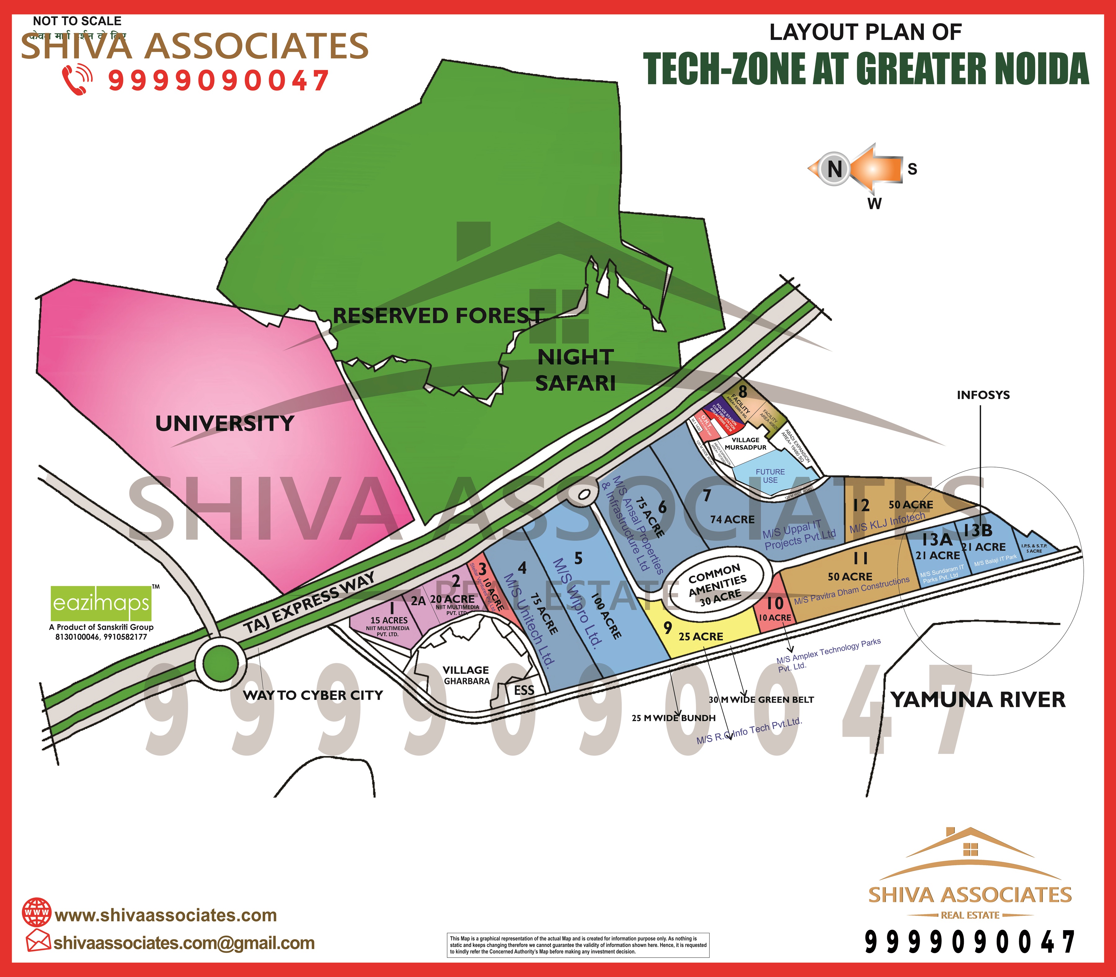 Layout map of Tech Zone, Greater Noida, highlighting industrial plots, roads, and nearby amenities by Shiva Associates.