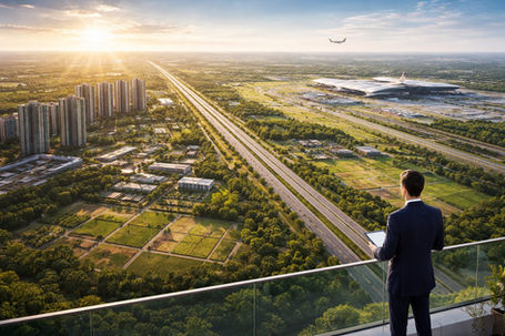 Investor analyzing Yamuna Expressway corridor with Jewar Airport and modern skyline symbolizing long-term real estate growth and infrastructure-driven investment