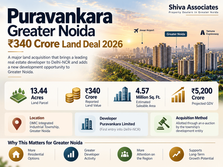 Puravankara Greater Noida ₹340 crore land acquisition infographic featuring 13.44 acres and projected ₹5,200 crore GDV.