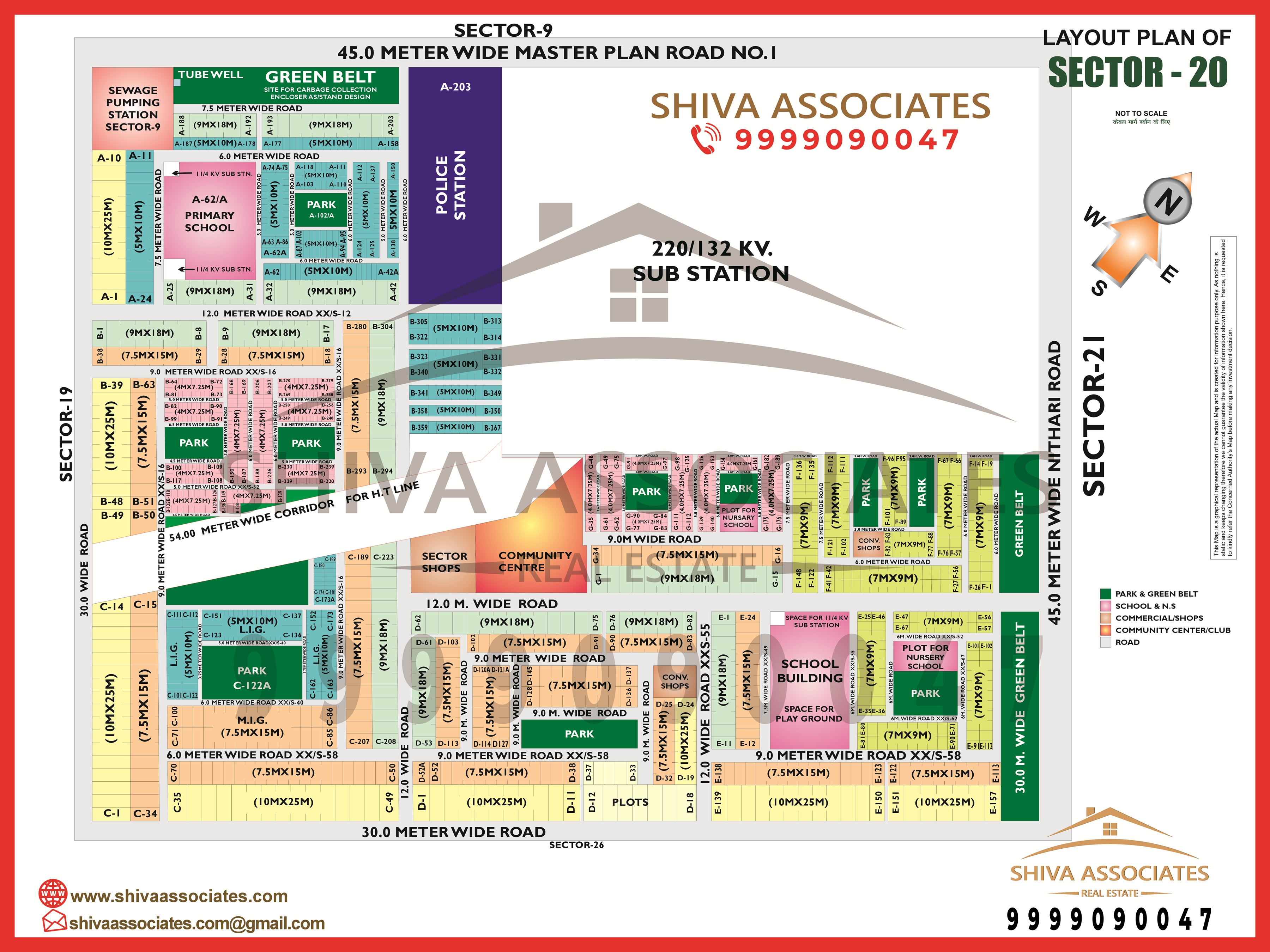 Layout map of Sector 20, Noida, clearly showing its residential areas, roads, and green spaces, provided by Shiva Associates.