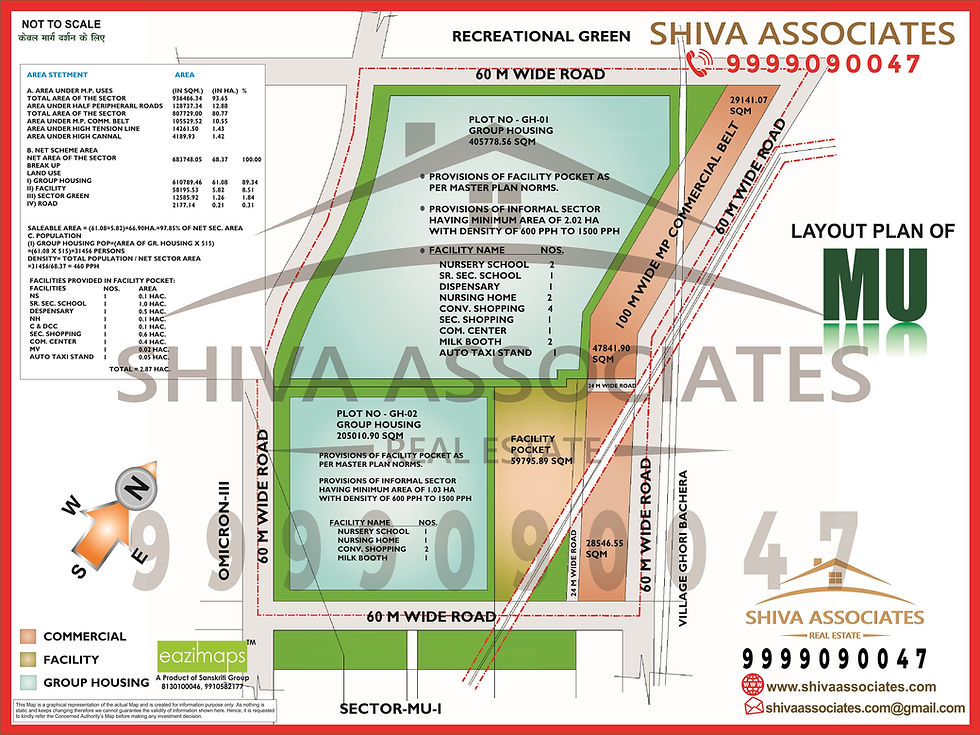 Layout map of Sector MU, Greater Noida highlighting location, road connectivity, and surrounding infrastructure by Shiva Associates.