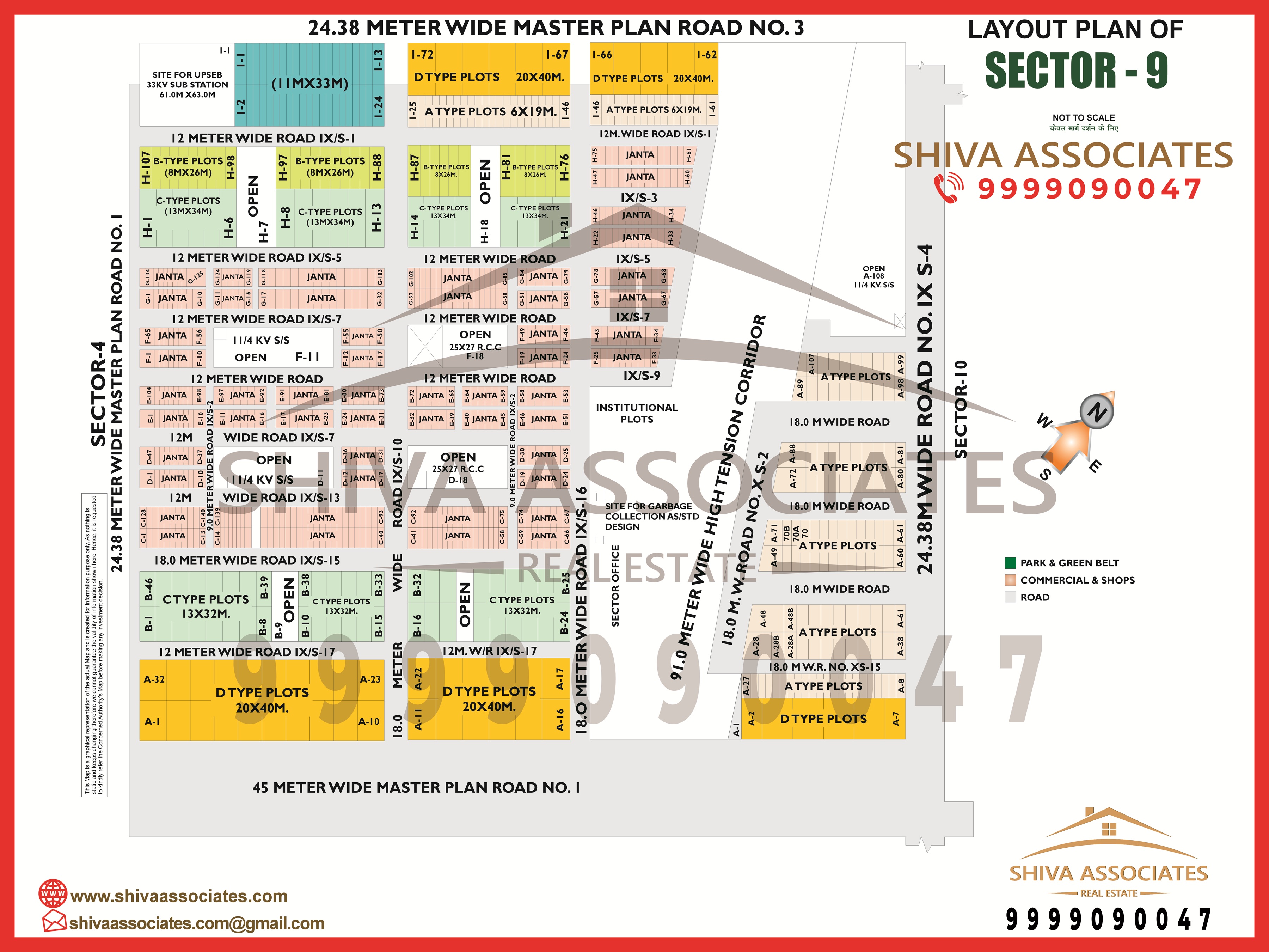 Layout map of Sector 9, Noida, showing roads and key areas, presented by Shiva Associates.