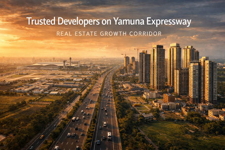 Trusted developers on Yamuna Expressway with residential towers and expressway infrastructure near Jewar Airport