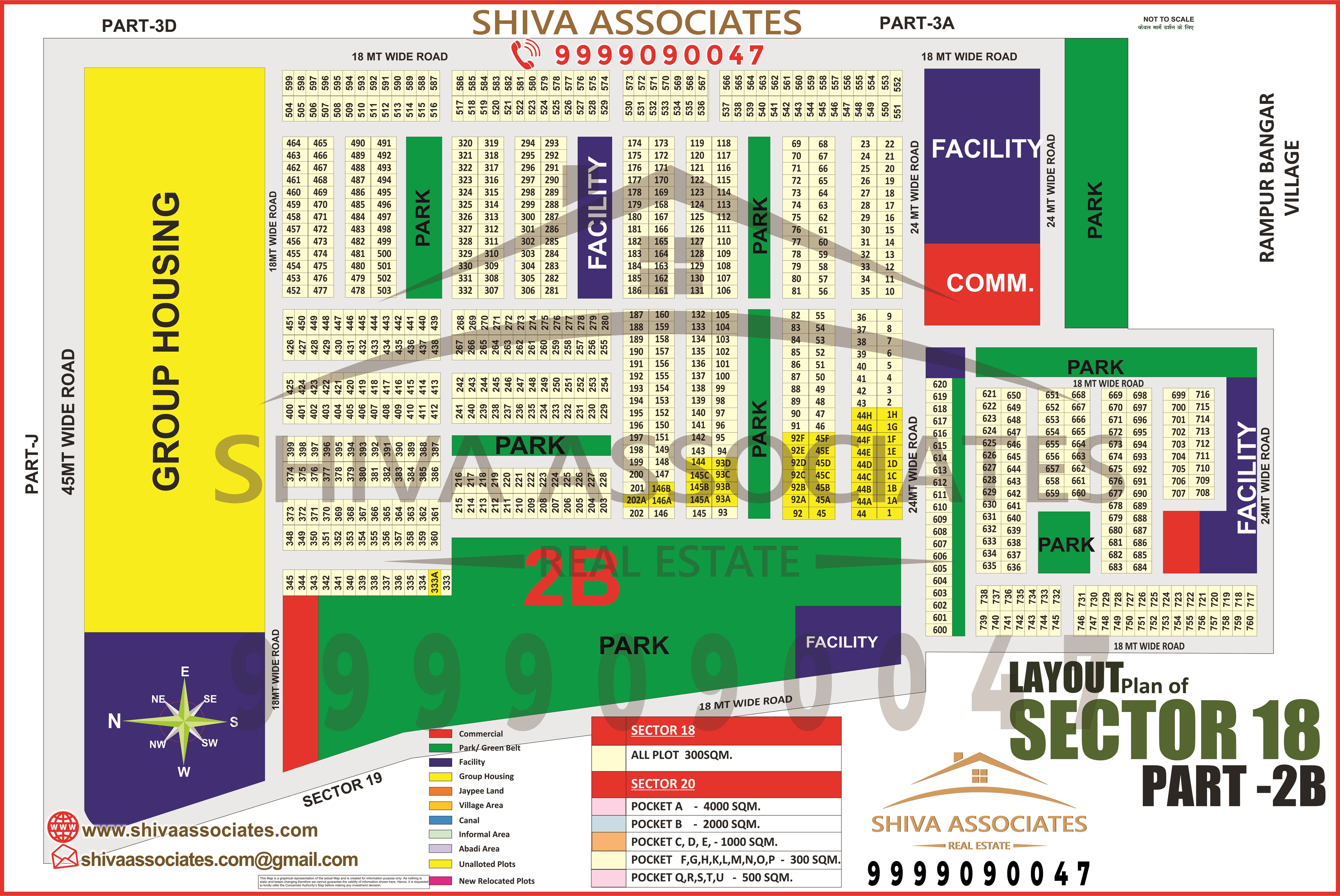 High-definition layout map of Sector-18 Part-2B, Yamuna Expressway, Greater Noida, showing available plots, road networks, and development plans. Presented by Shiva Associates. Pincode: 203201.