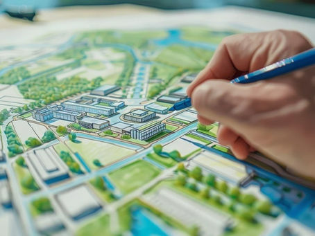 Urban planning illustration showing a detailed land development map being marked by hand
