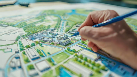 Urban planning illustration showing a detailed land development map being marked by hand