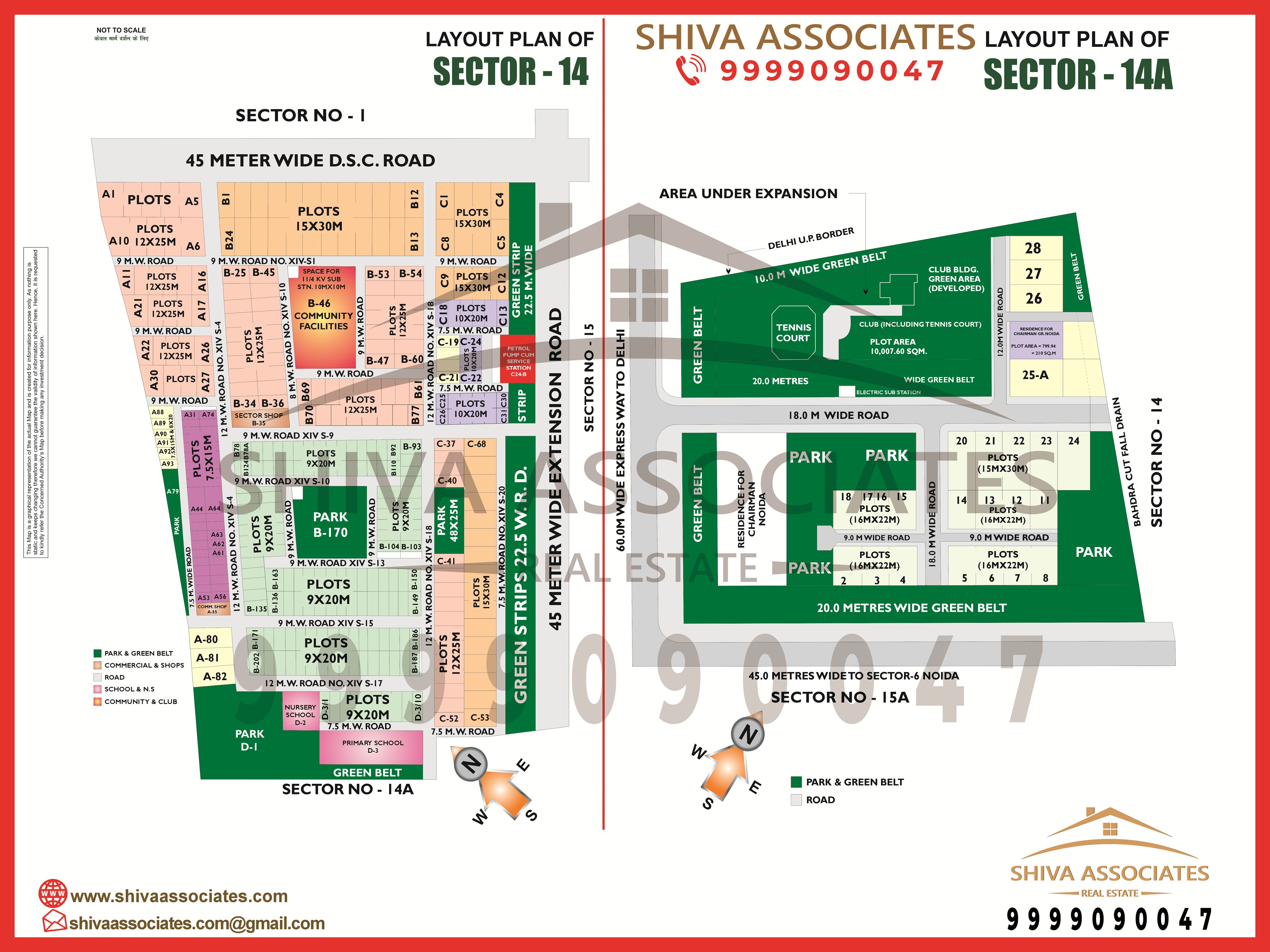 Layout map of Sector 14 Noida showing roads and blocks, presented by Shiva Associates.