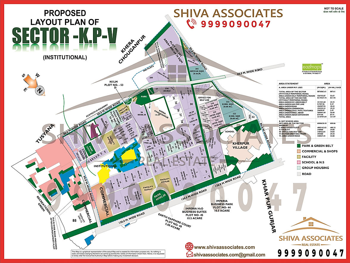 Layout of Knowledge Park V, Greater Noida, featuring residential, commercial, and educational spaces with amenities like GNIT College, Max Hospital. By Shiva Associates.