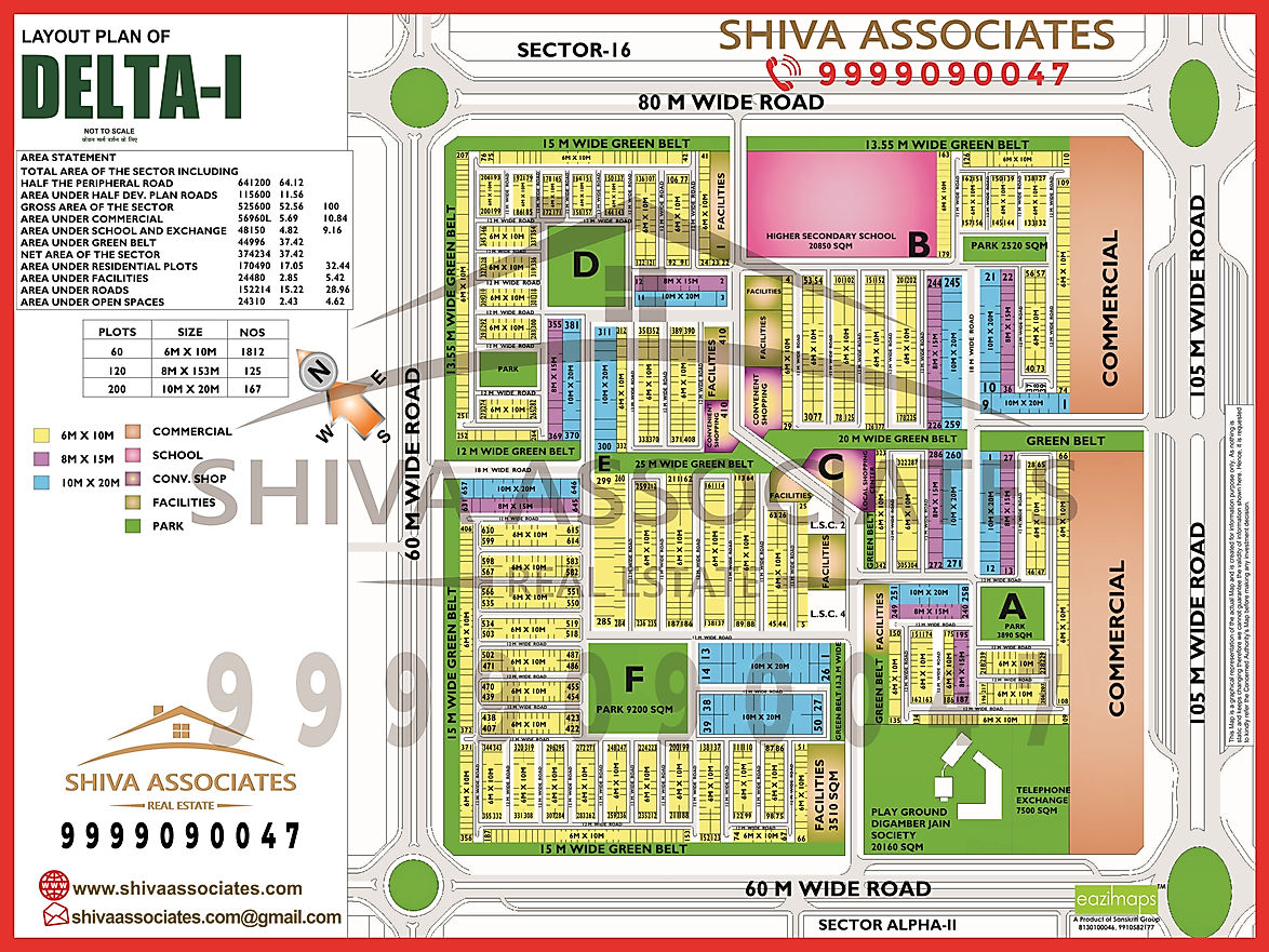 Shiva Associates | Best Property Dealer In Greater Noida has created an HD map of Delta 1, Greater Noida, which shows roadways, residential plots, commercial zones, and public facilities.