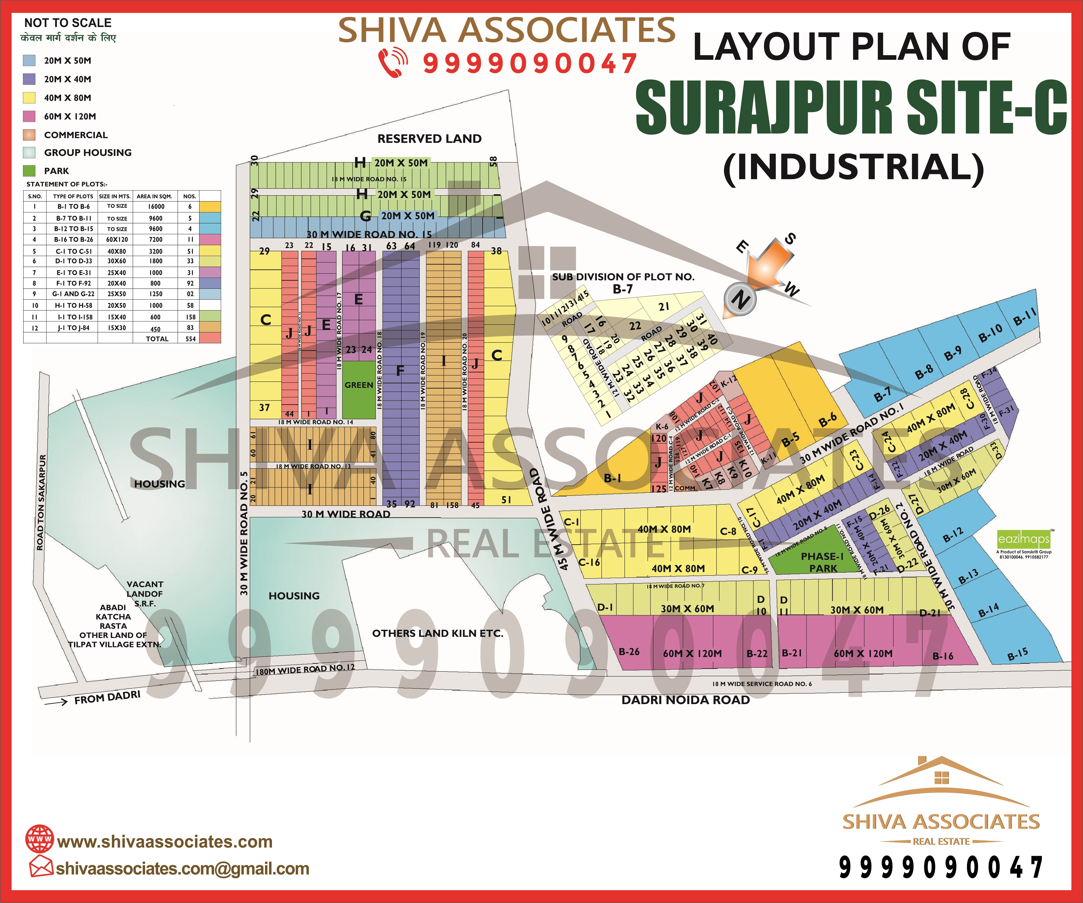 HD layout plan of Surajpur Site-C Industrial Area, Greater Noida, showing industrial plots, wide roads, and nearby amenities. Presented by Shiva Associates.